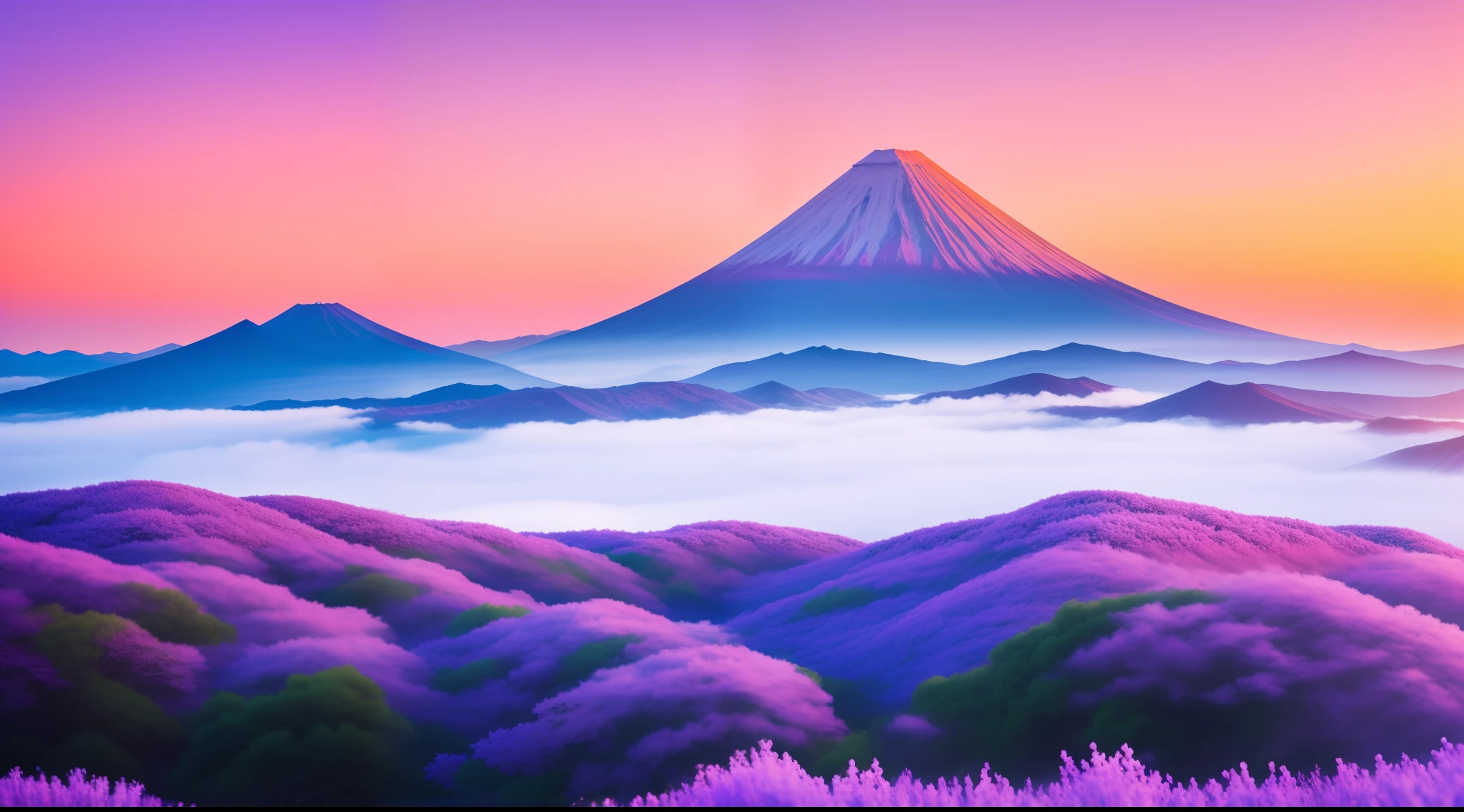 "Imagine an anime-inspired masterpiece that captures the essence of serene fantasy. Imagine a dormant volcano, its imposing presence softened by a soft layer of snow. The sky above is a screen of mesmerizing shades of pink and lavender, casting an otherworldly glow on the landscape. The slopes of the volcano are adorned with intricate snow patterns, each outline highlighted by the pastel tones of the sky. Delicadas flores de cerejeira flutuam pelo ar, adding a touch of ethereal magic to the scene. Neste mundo cativante, The volcano stands as a sentinel of tranquility, a fusion of the force of nature and the delicate beauty of anime aesthetics, inviting viewers into a realm of wonder and imagination."