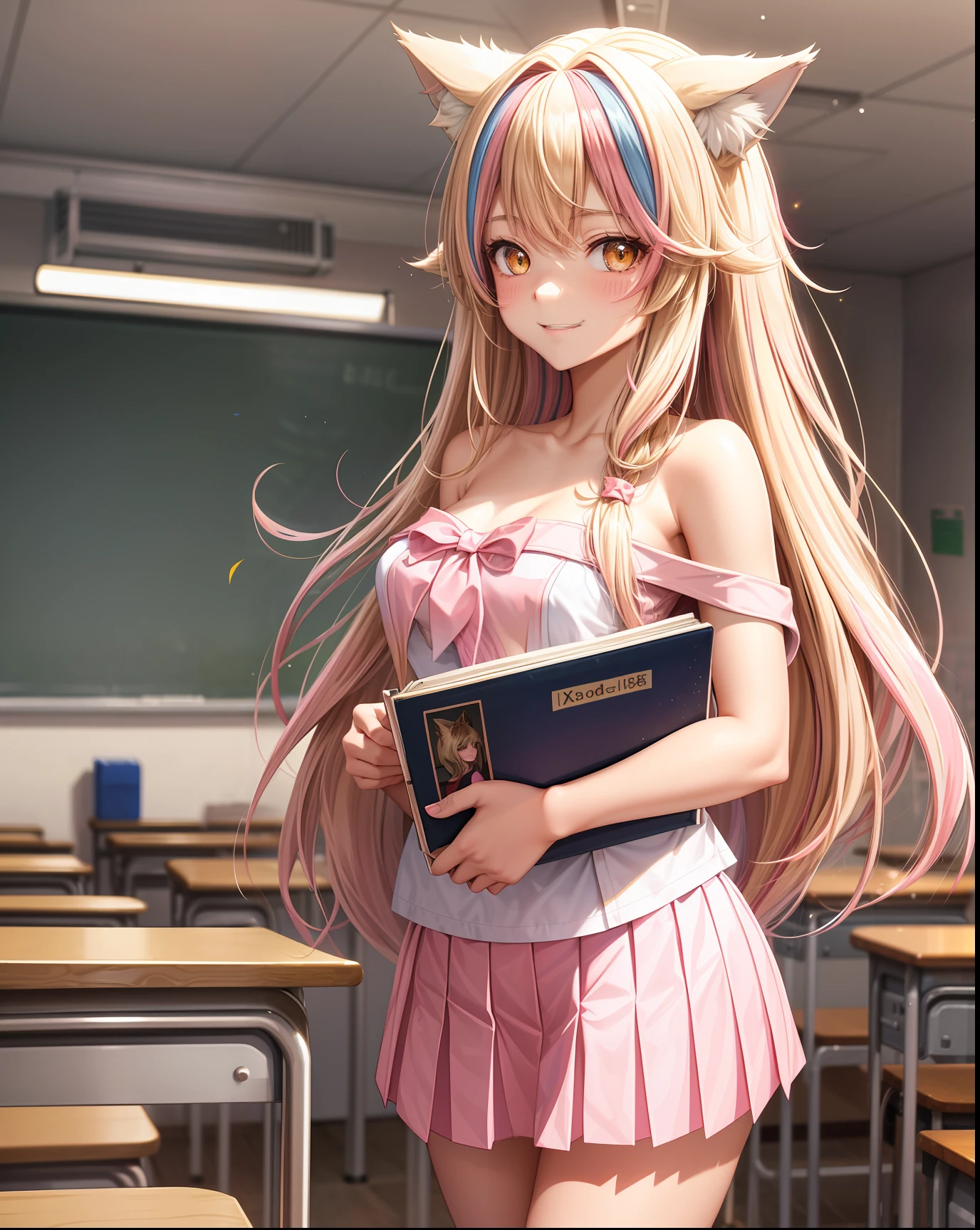 medium breasts ((16 year old wolf girl)) ((pink streaked blonde hair)) shy smile strapless top bare shoulder pleated skirt school uniform bright reds all over, glitter powder, picture perfect, classroom studying, school, class