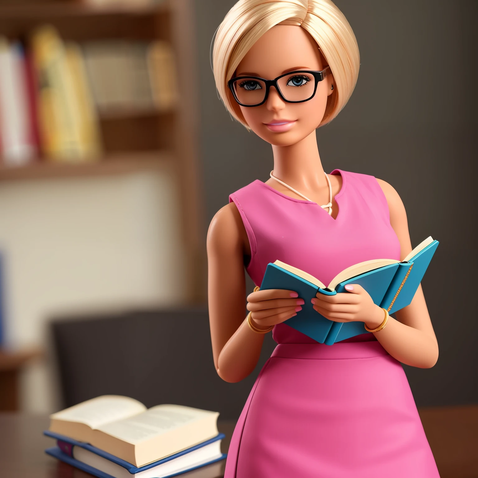A Barbie doll with a short haircut. She is wearing glasses and no makeup. She is holding a book.