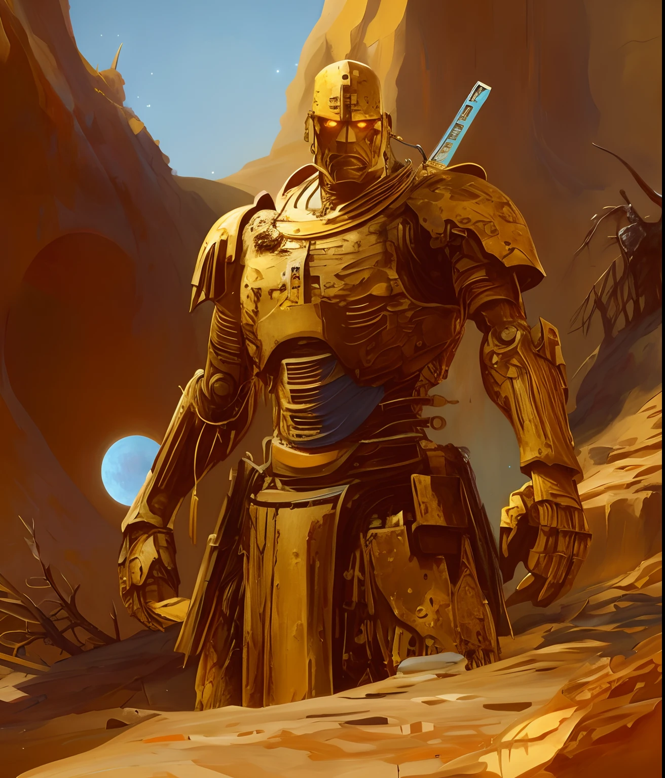 Blue sky and moon, arafed image of a man in armor standing in a desert, blue sky and moon, yellow human-sized warforged, craig mullins nekro, gold heavy armor. dramatic, warrior in sci-fi armour, by Craig Mullins, portrait of ninja slayer, craig mullins style, artstation masterpiece, craig mullins greg rutkowski, craig mullins dark key, stefan koidl inspired