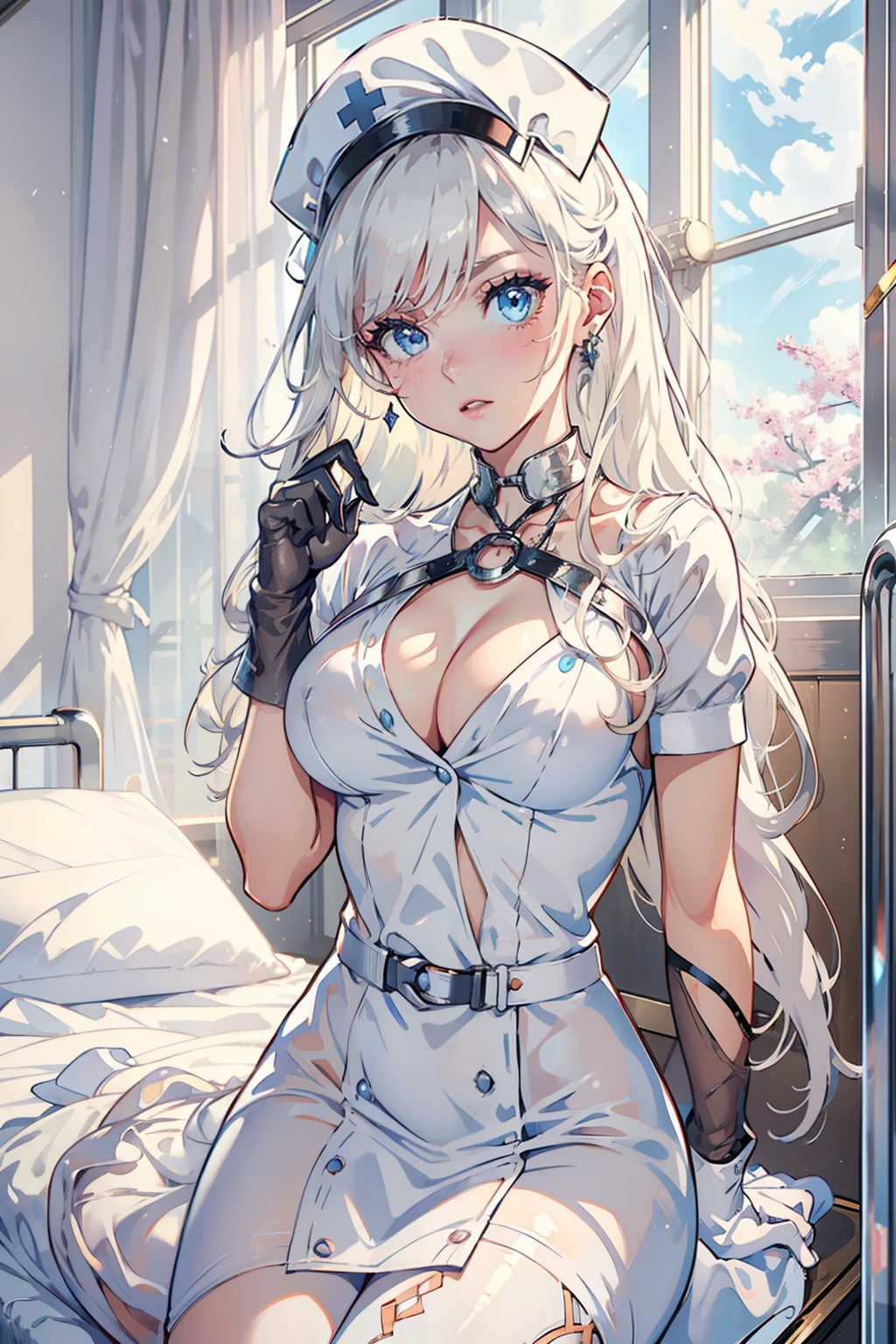 1girl, (solo:1.2), (cowboy shot:1.2), (Beautiful and detailed eyes description), (Beautiful and detailed face), Perfect female body, neat figure, slender waist, (young girl), (20 years old), long hair, platinum blonde hair, very big eyes, blue eyes, medium breasts, blush, shy, watery lips, nurse, (transparent nurse dress), nurse cap, unbuttoned, (white gloves:1.2), (white pantyhose), high heels, necklace, earrings, indoors, school nurse, hospital bed, window, white curtains, sunlight, squatting, (best quality), (ultra detailed), (masterpiece), (highres), (original), (extremely detailed CG unity 8K wallpaper), character design, game cg, detailed manga illustration,(NSFW 1.1)