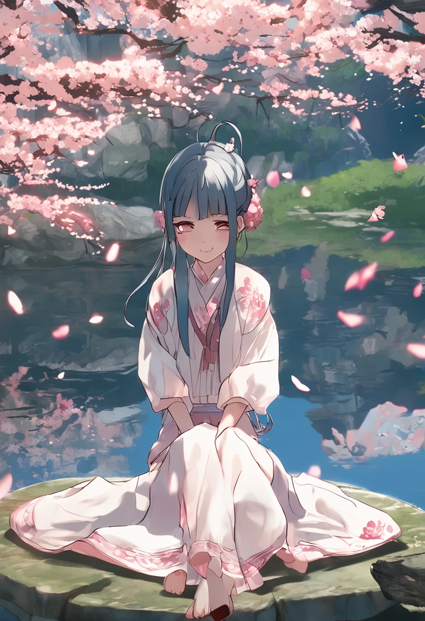 anime girl surrounded by a spiral of cherry blossoms, ((blue hair, long sleeveless white dress, barefoot)), ((platform: a single rock in the middle of a lake)),surprised face, 4k, 2D, ((anime style)), ((perfect face)), perfect position, sunset, ((position: seated)), effect of small red hearts, 1girl, ((perfet eyes)), ((perfect mouth))