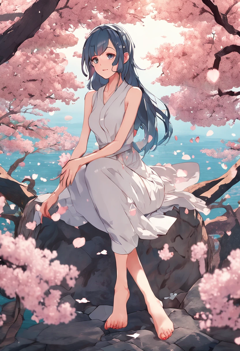 anime girl surrounded by a spiral of cherry blossoms, ((blue hair, long sleeveless white dress, barefoot)), ((platform: a single rock in the middle of a lake)),surprised face, 4k, 2D, ((anime style)), ((perfect face)), perfect position, sunset, ((position: seated)), effect of small red hearts, 1girl, ((perfet eyes)), ((perfect mouth))