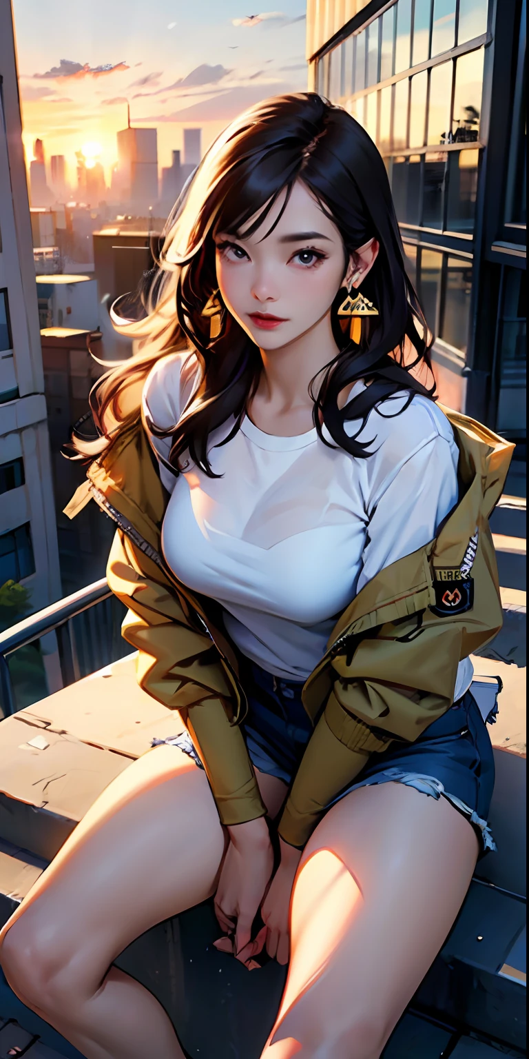 masterpiece、Top image quality、1人の女性、Beautiful woman sitting on the stairs、Long hair swept away by the wind、Legs wide open、Hands between the legs、(Military jacket、No shoulder shirt)、Jeans shorts、Detailed facial expressions、Detailed eye、Detailed nose、Detailed red lips、爆乳、Female proportions considered everywhere、Skyscraper District、Sunset between buildings、Large circular earrings、beauty legs、From above