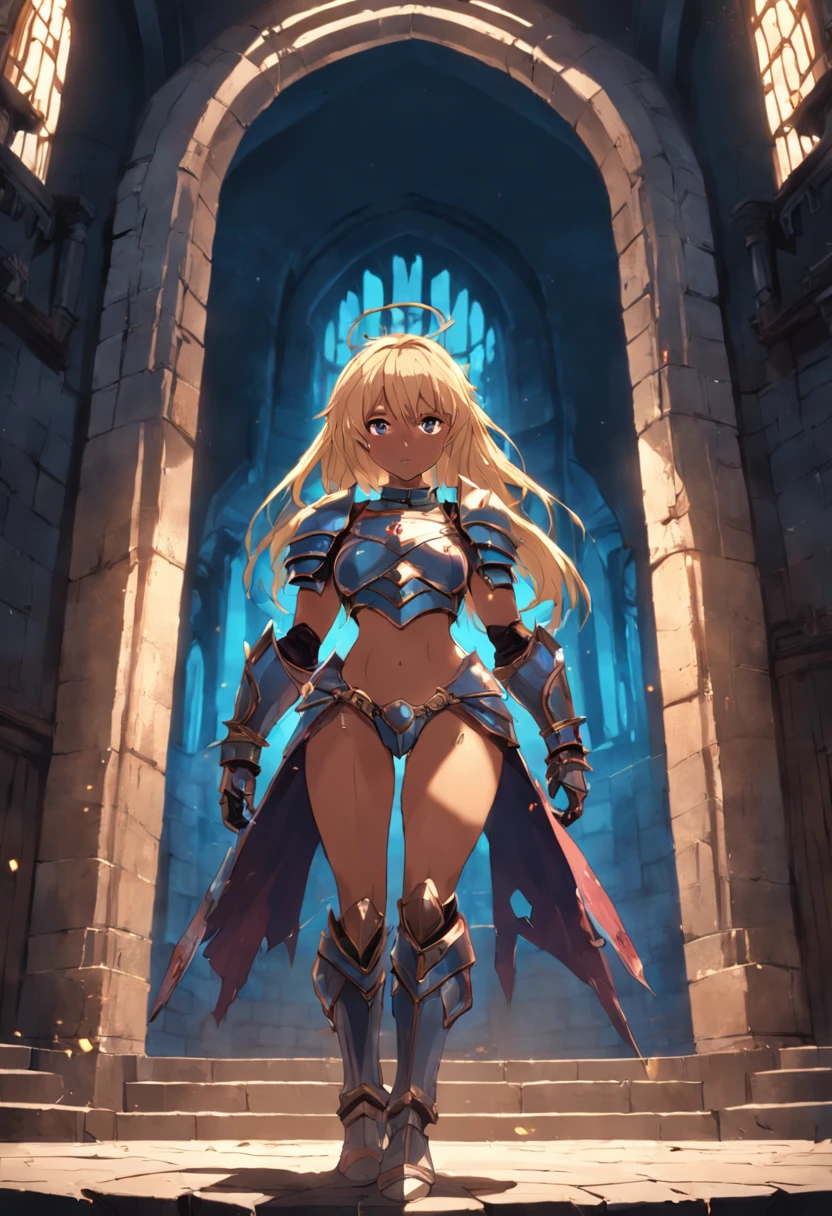 Apenas a [1 woman] (fantasy) queen's blade, sex, blonde hair, giant chest, (chiselled abdomen), (dark skin), ( armor), inside a castle