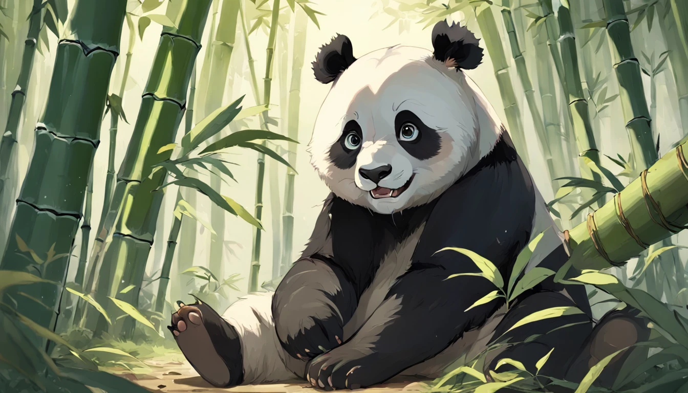 Panda bear sitting on a tree with leaves and branches, um panda gigante bonito, panda, pintura digital altamente detalhada, panda bonito, por Yang J, pintura digital altamente detalhada, painting digital adorable, "Retrato de um animal de desenho animado, em uma floresta de bambu, Directed by: Liang Kai, arte digital detalhada bonito, por Ni Tian, Dia de Tian, pintura digital de alta qualidade, olhos perfeitos, olhos abertos, olhos castanhos, um pouco feliz, with a piece of bamboo in the mouth with a piece of leaf at the end of the bamboo,