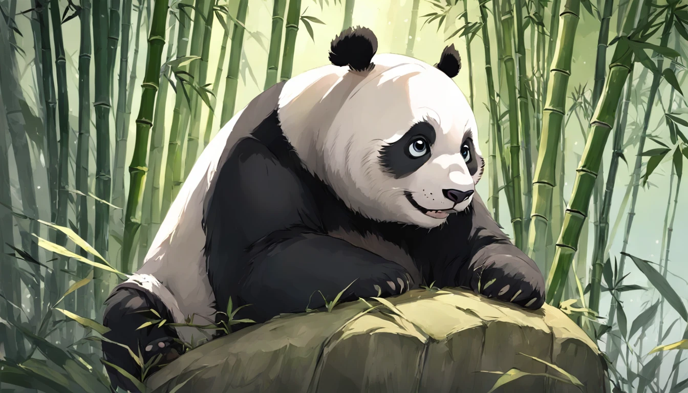 Panda bear sitting on a tree with leaves and branches, um panda gigante bonito, panda, pintura digital altamente detalhada, panda bonito, por Yang J, pintura digital altamente detalhada, painting digital adorable, "Retrato de um animal de desenho animado, em uma floresta de bambu, Directed by: Liang Kai, arte digital detalhada bonito, por Ni Tian, Dia de Tian, pintura digital de alta qualidade, olhos perfeitos, olhos abertos, olhos castanhos, um pouco feliz, with a piece of bamboo in the mouth with a piece of leaf at the end of the bamboo,