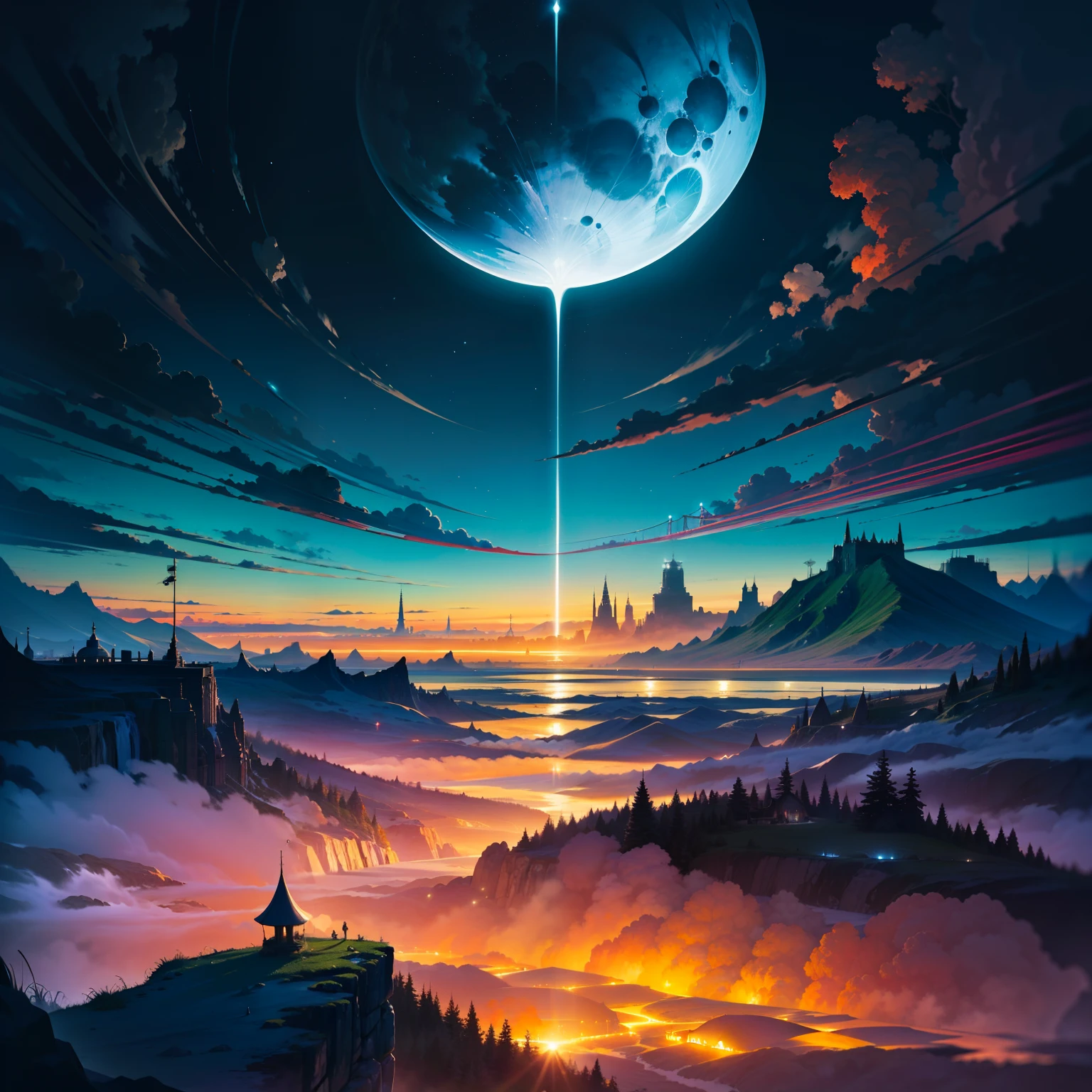 Uma paisagem surreal feita de elementos de diferentes fotos, Surreal landscape composed of several different landscapes, Mix of various landscapes surreal style, mistura de paisagens em uma imagem