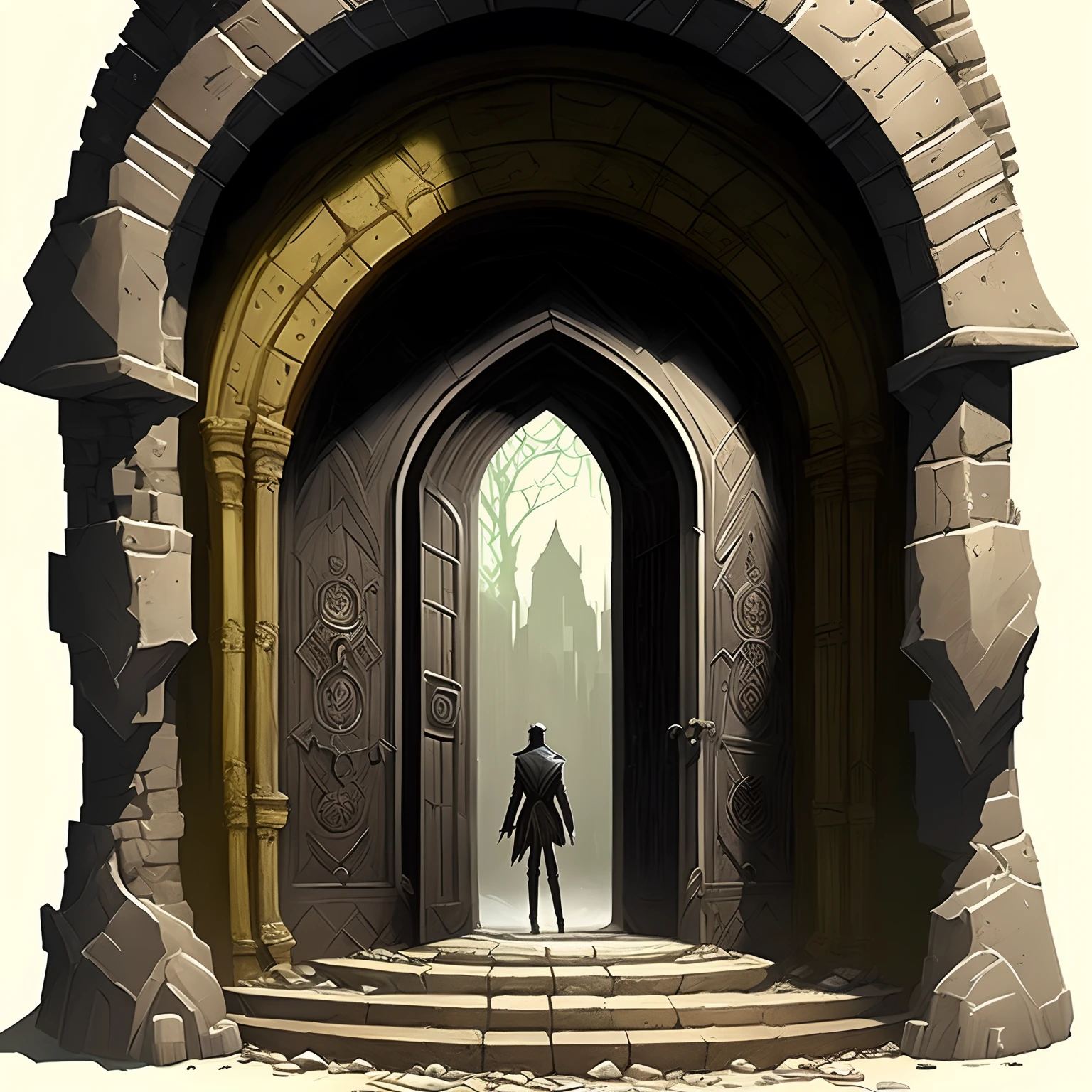 There is a dark hallway with a brick wall and a door, magic portal to another world, magic doorway, arte de fantasia urbana estilizada, gateway to another dimension, Entrada para uma antiga masmorra, an ominous fantasy illustration, em um fundo de masmorra, Portal para outro mundo, fantasy RPG book illustration, magical portal, fundo escuro da fantasia, Portas, Dark fantasy environment Man in suit walking towards