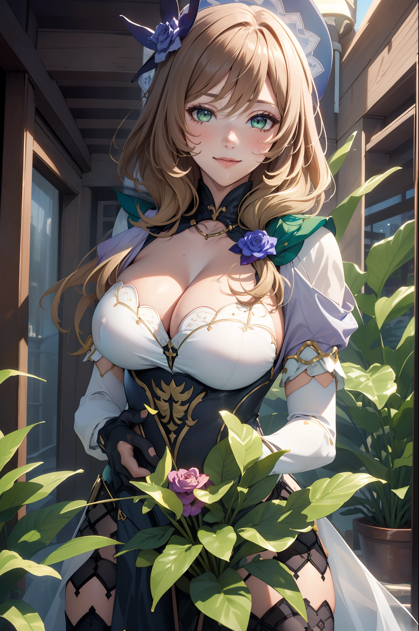 ((masterpiece, best quality, perfect pixel, UHD)),close-up, facing viewer,straight on, face focus,((1 girl)), lisa \(genshin impact\),{short hair,}, (big breasts:1.4),(photo realistic:0.8), standing,bridal veil,wedd00ing, bridal gauntlets, bridal garter, wedding glove, (smile:1.2), (detailed light), (smooth texture:1.2),lighting, colorful, layered backgrounds, (gorgeous background), dynamic angle, (shine),blonde hair,sleeves,(dark green eyes:1.2),(outdoor), physically-based rendering, RAW photo, highly detailed background, (photo realistic:0.8), high res, (white bodystocking),(potted plant:1.2),geyser, park, flower field,holding a bouquet,