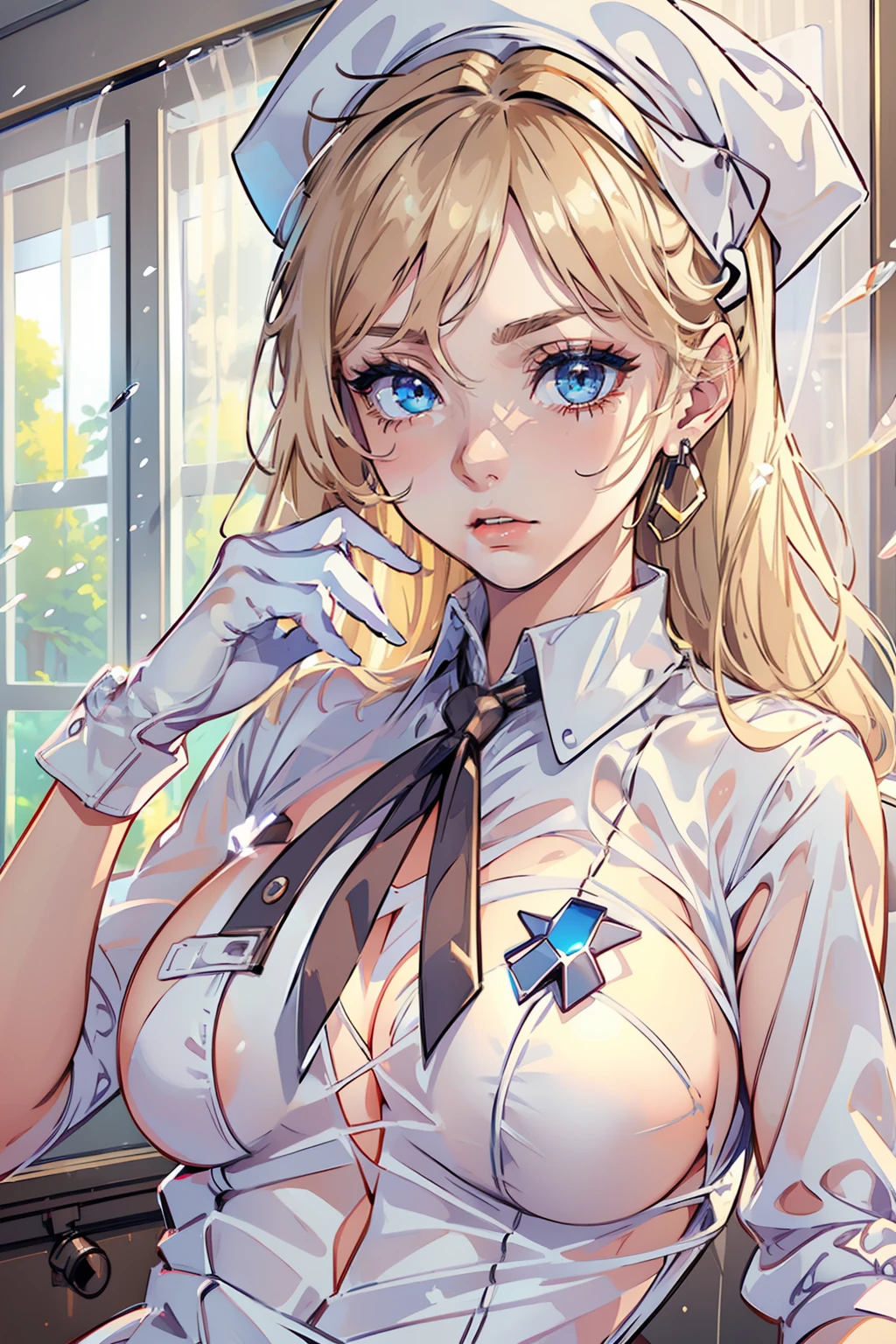 1girl, (solo:1.2), (cowboy shot:1.2), (Beautiful and detailed eyes description), (Beautiful and detailed face), Perfect female body, neat figure, slender waist, (young girl), (20 years old), long hair, platinum blonde hair, very big eyes, blue eyes, medium breasts, blush, shy, watery lips, nurse, (transparent nurse dress), nurse cap, unbuttoned, (white gloves:1.2), (white pantyhose), high heels, necklace, earrings, indoors, school nurse, hospital bed, window, white curtains, sunlight, squatting, (best quality), (ultra detailed), (masterpiece), (highres), (original), (extremely detailed CG unity 8K wallpaper), character design, game cg, detailed manga illustration,(NSFW 1.1)