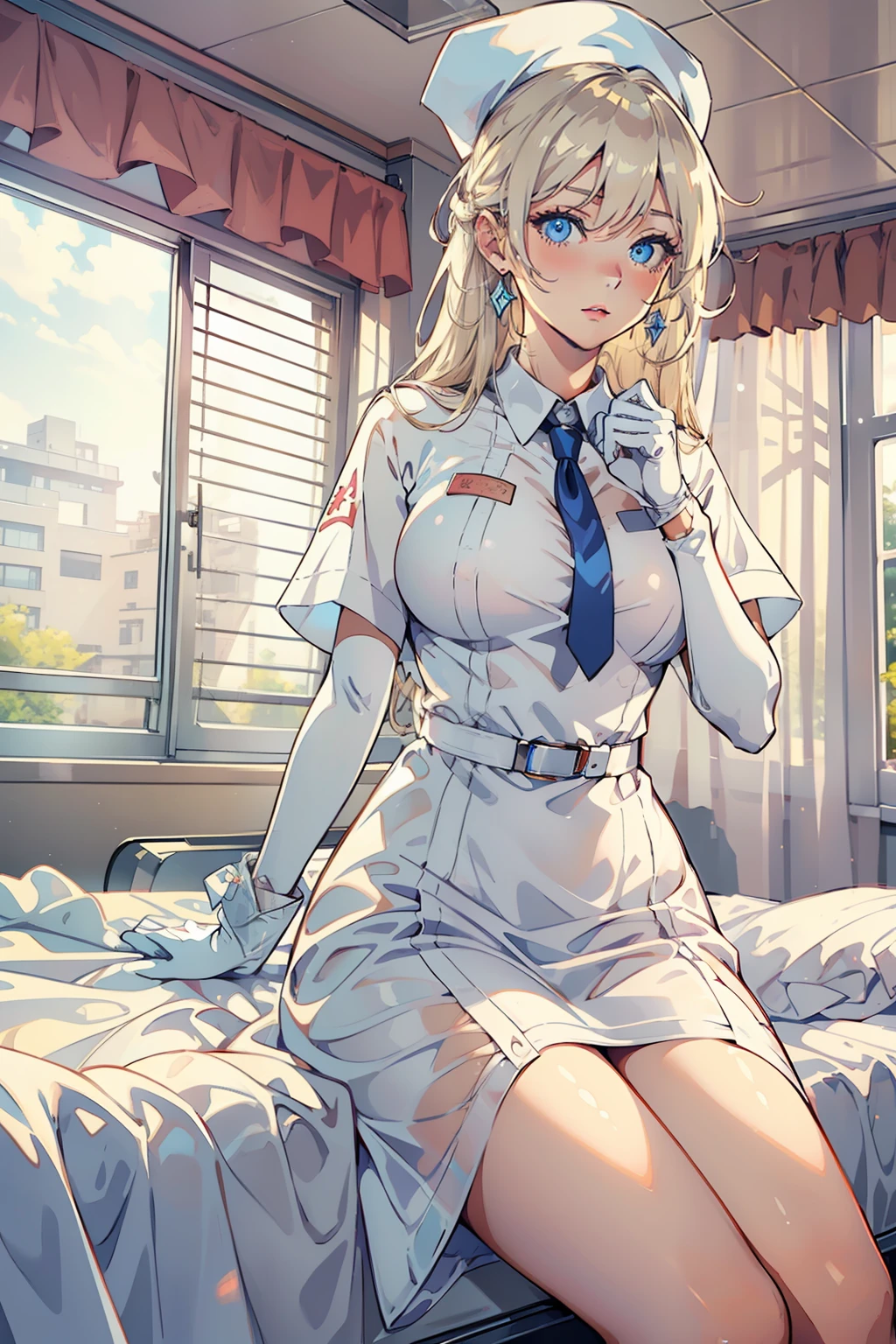 1girl, (solo:1.2), (cowboy shot:1.2), (Beautiful and detailed eyes description), (Beautiful and detailed face), Perfect female body, neat figure, slender waist, (young girl), (20 years old), long hair, platinum blonde hair, very big eyes, blue eyes, medium breasts, blush, shy, watery lips, nurse, (transparent nurse dress), nurse cap, unbuttoned, (white gloves:1.2), (white pantyhose), high heels, necklace, earrings, indoors, school nurse, hospital bed, window, white curtains, sunlight, squatting, (best quality), (ultra detailed), (masterpiece), (highres), (original), (extremely detailed CG unity 8K wallpaper), character design, game cg, detailed manga illustration,(NSFW 1.1)