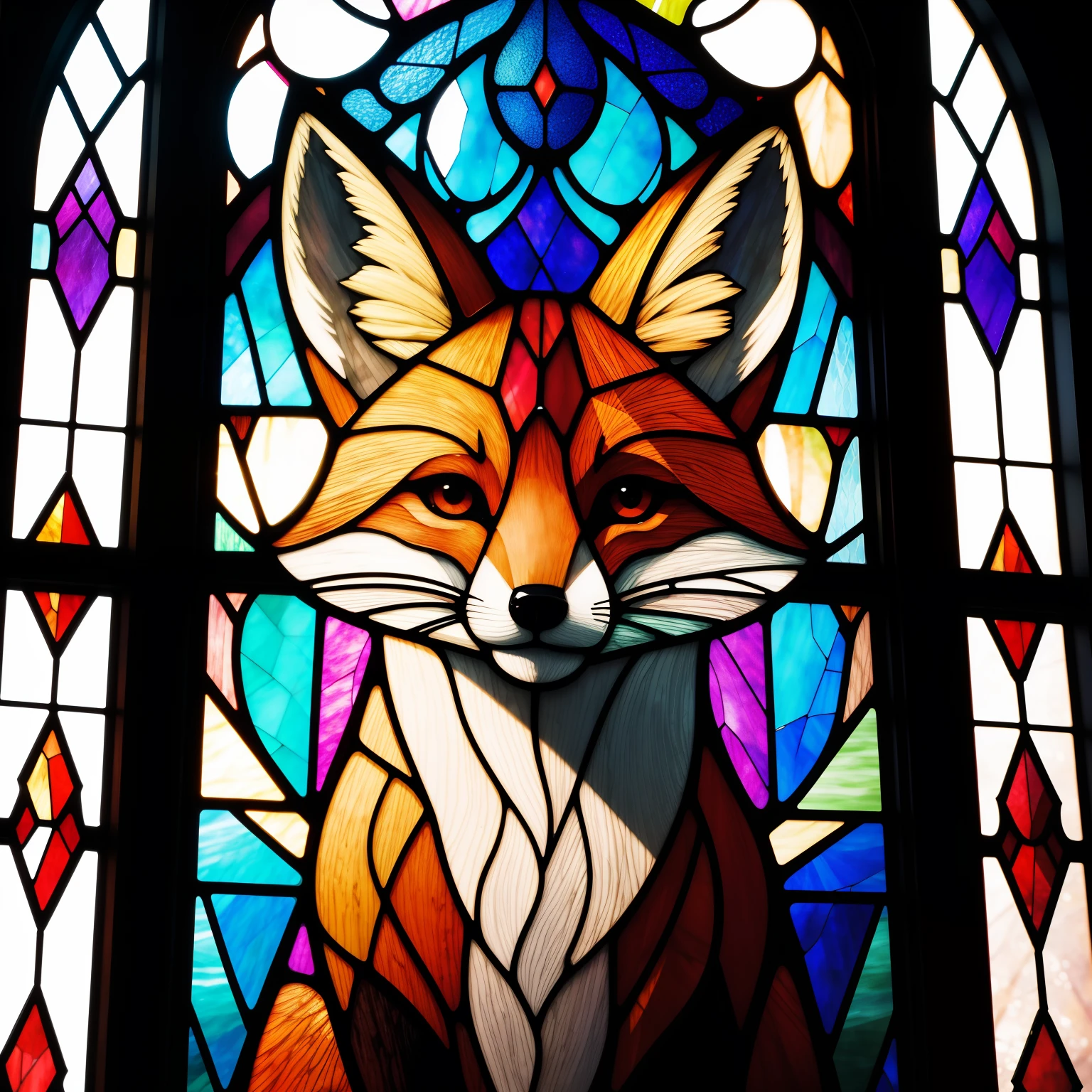 A fox, stained glass window, close up --no frame border window