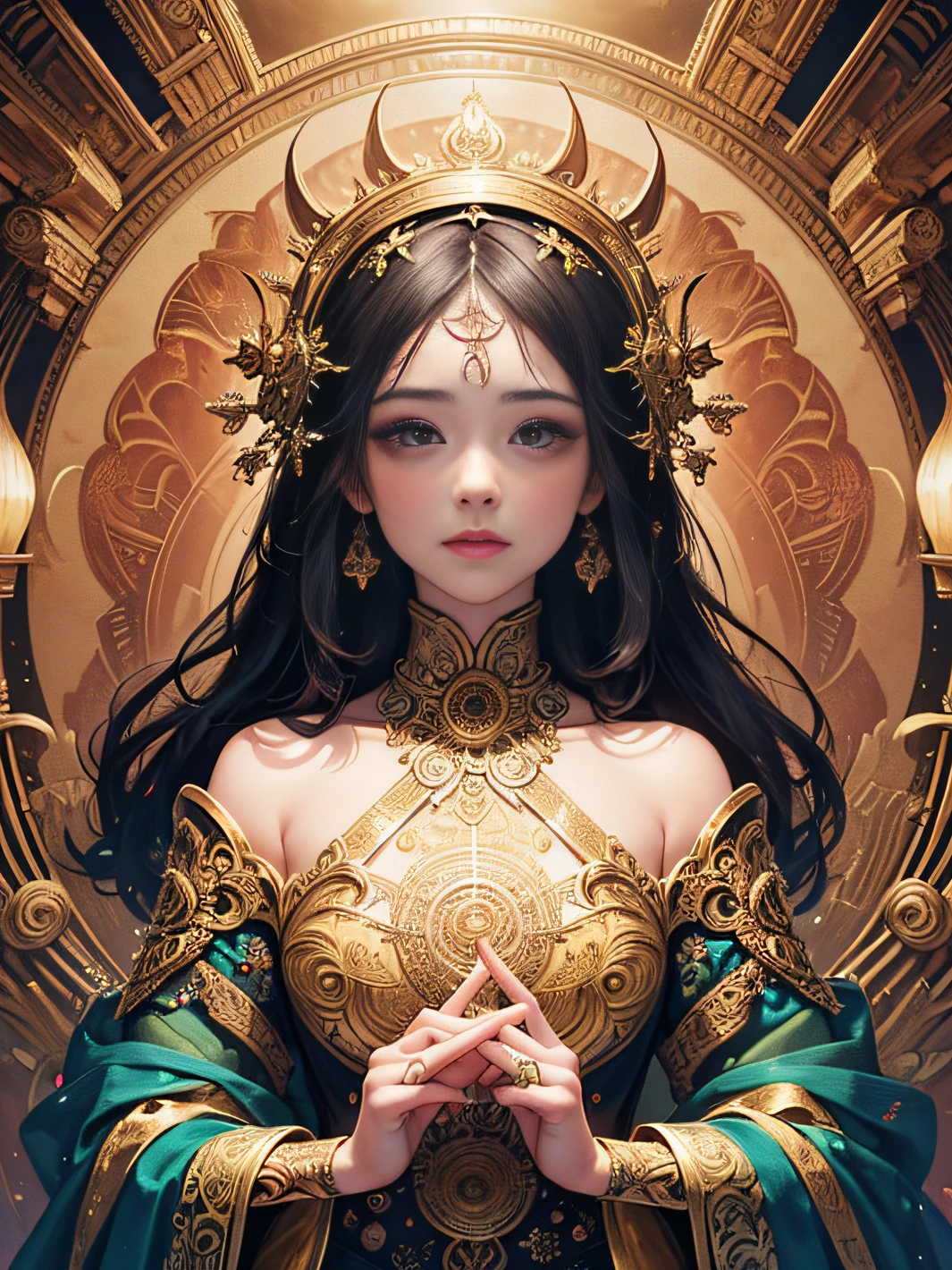 (masterpiece, top quality, best quality, official art, beautiful and aesthetic:1.2), (1girl), extreme detailed,colorful,highest detailed, official art, unity 8k wallpaper, ultra detailed, beautiful and aesthetic, beautiful, masterpiece, best quality, (zentangle, mandala, tangle, entangle) ,holy light,gold foil,gold leaf art,glitter drawing, PerfectNwsjMajic