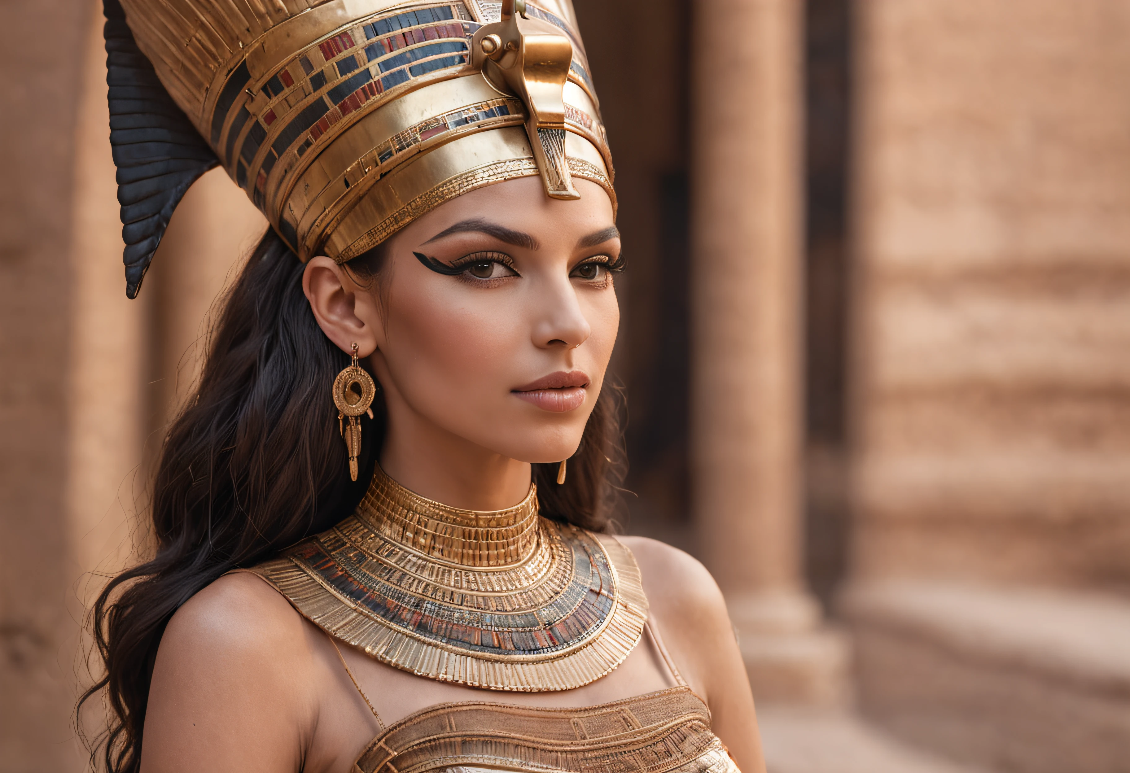 ancient egypt queen, beautiful girl light smile, 30 years old, ancient portrait, very high detail, perfect anatomy, perfect face, egypt background with river nile, poetic scene