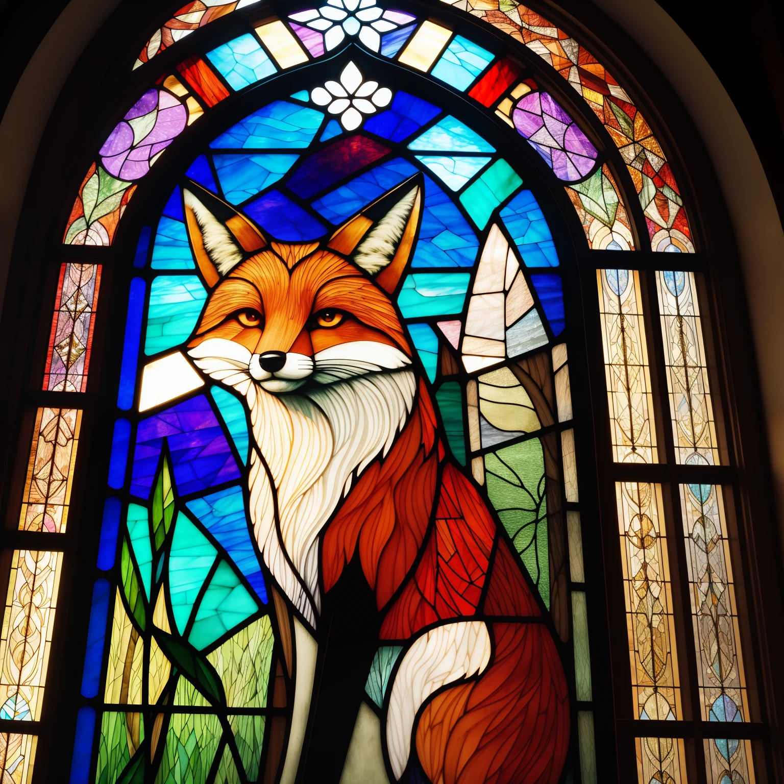 A fox stained glass window, close up