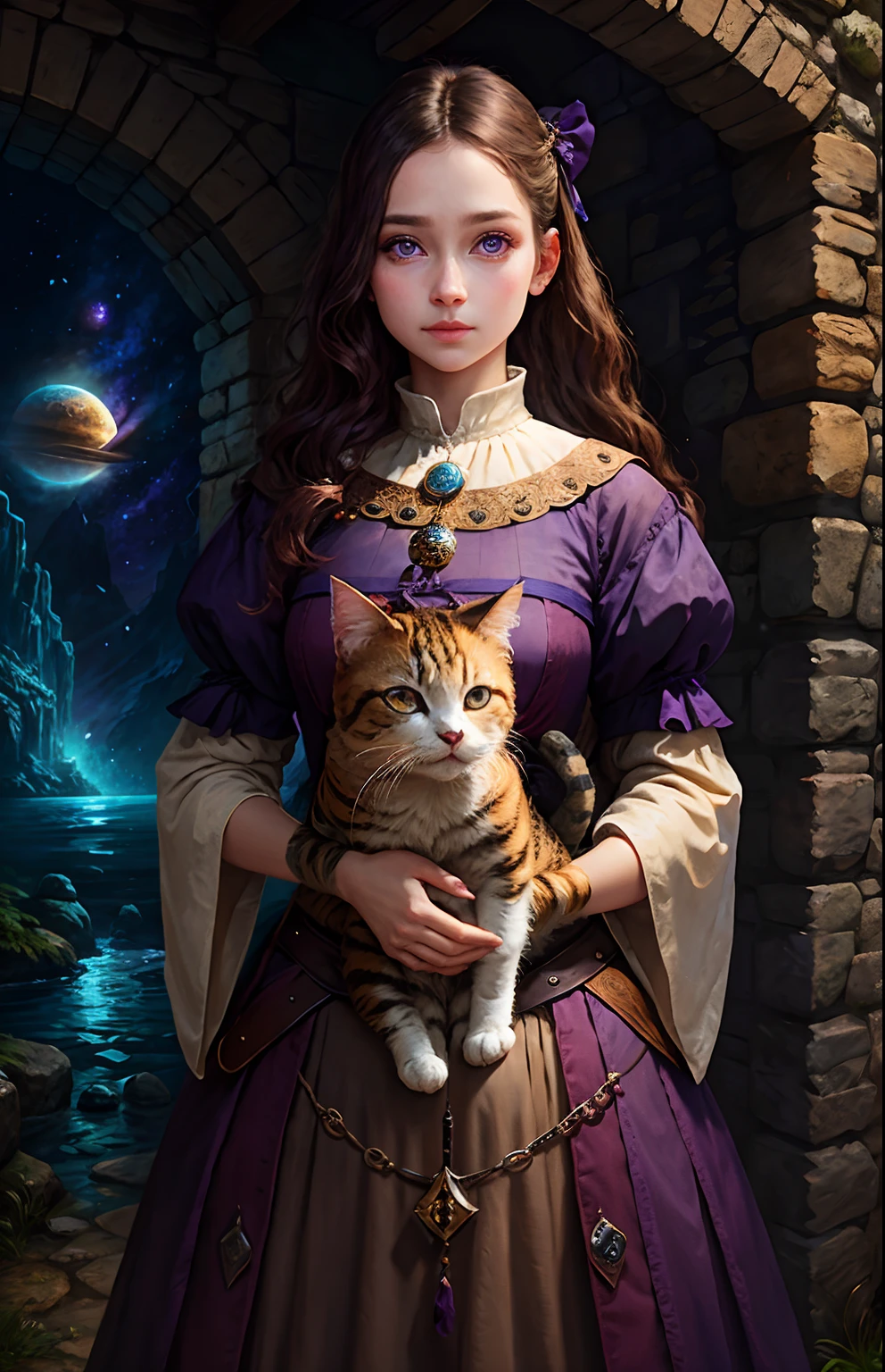 4K very realistic、Out-of-this-world purple eyes、Beautiful as a photo、Full body like、1 girl、medieval clothing、Holding a noble cat、