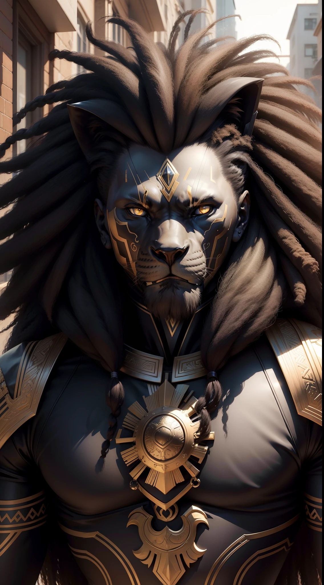 face of humanoid black lion, Todos os cabelos e cabelos brancos afro, olhar fixo ao centro