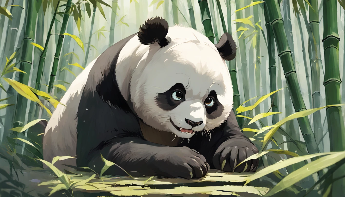 Panda bear sitting on a tree with leaves and branches, um panda gigante bonito, panda, pintura digital altamente detalhada, Panda bonito, por Yang J, pintura digital altamente detalhada, painting digital adorable, "Retrato de um animal de desenho animado, em uma floresta de bambu, Directed by: Liang Kai, arte digital detalhada bonito, por Ni Tian, Dia de Tian, pintura digital de alta qualidade, olhos perfeitos, olhos abertos, olhos castanhos, um pouco feliz, with a piece of bamboo in the mouth with a piece of leaf at the end of the bamboo, Studio Ghibli Style,
