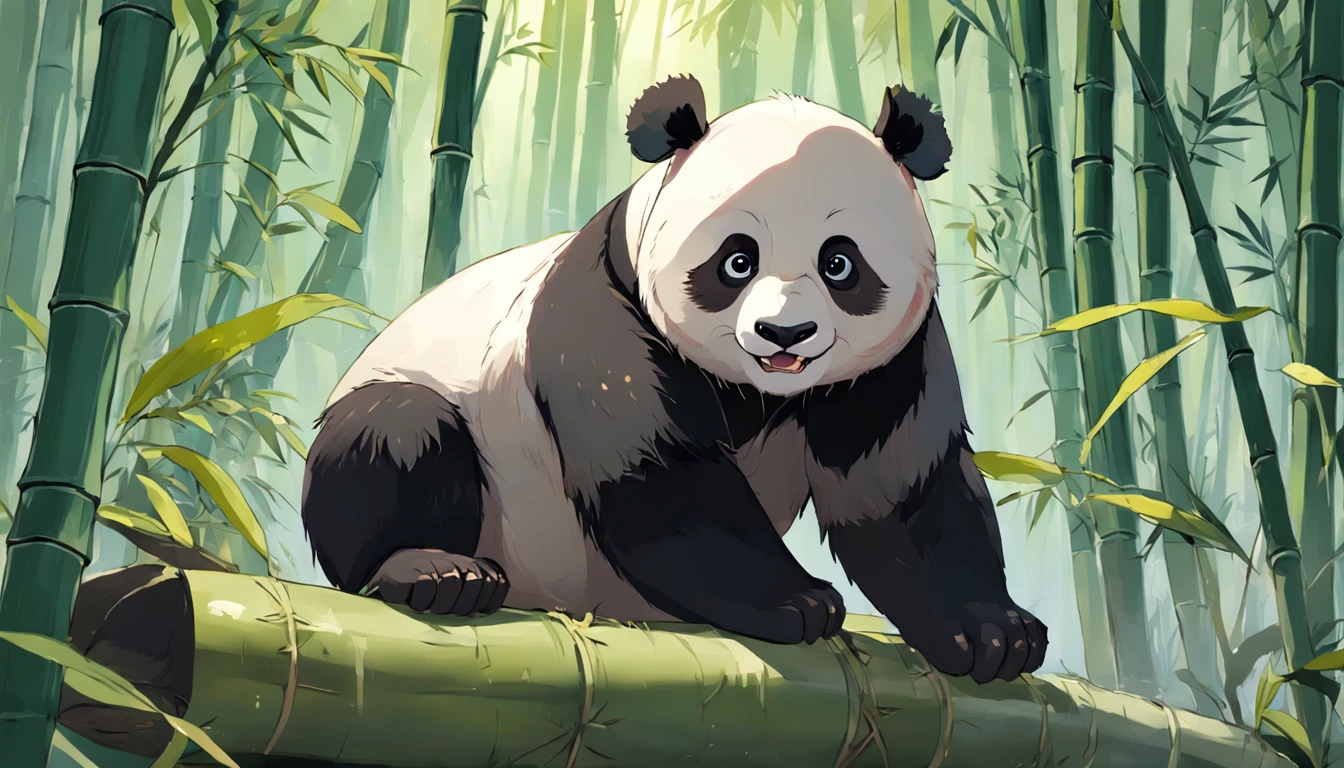 Panda bear sitting on a tree with leaves and branches, um panda gigante bonito, panda, pintura digital altamente detalhada, Panda bonito, por Yang J, pintura digital altamente detalhada, painting digital adorable, "Retrato de um animal de desenho animado, em uma floresta de bambu, Directed by: Liang Kai, arte digital detalhada bonito, por Ni Tian, Dia de Tian, pintura digital de alta qualidade, olhos perfeitos, olhos abertos, olhos castanhos, um pouco feliz, with a piece of bamboo in the mouth with a piece of leaf at the end of the bamboo, Studio Ghibli Style,