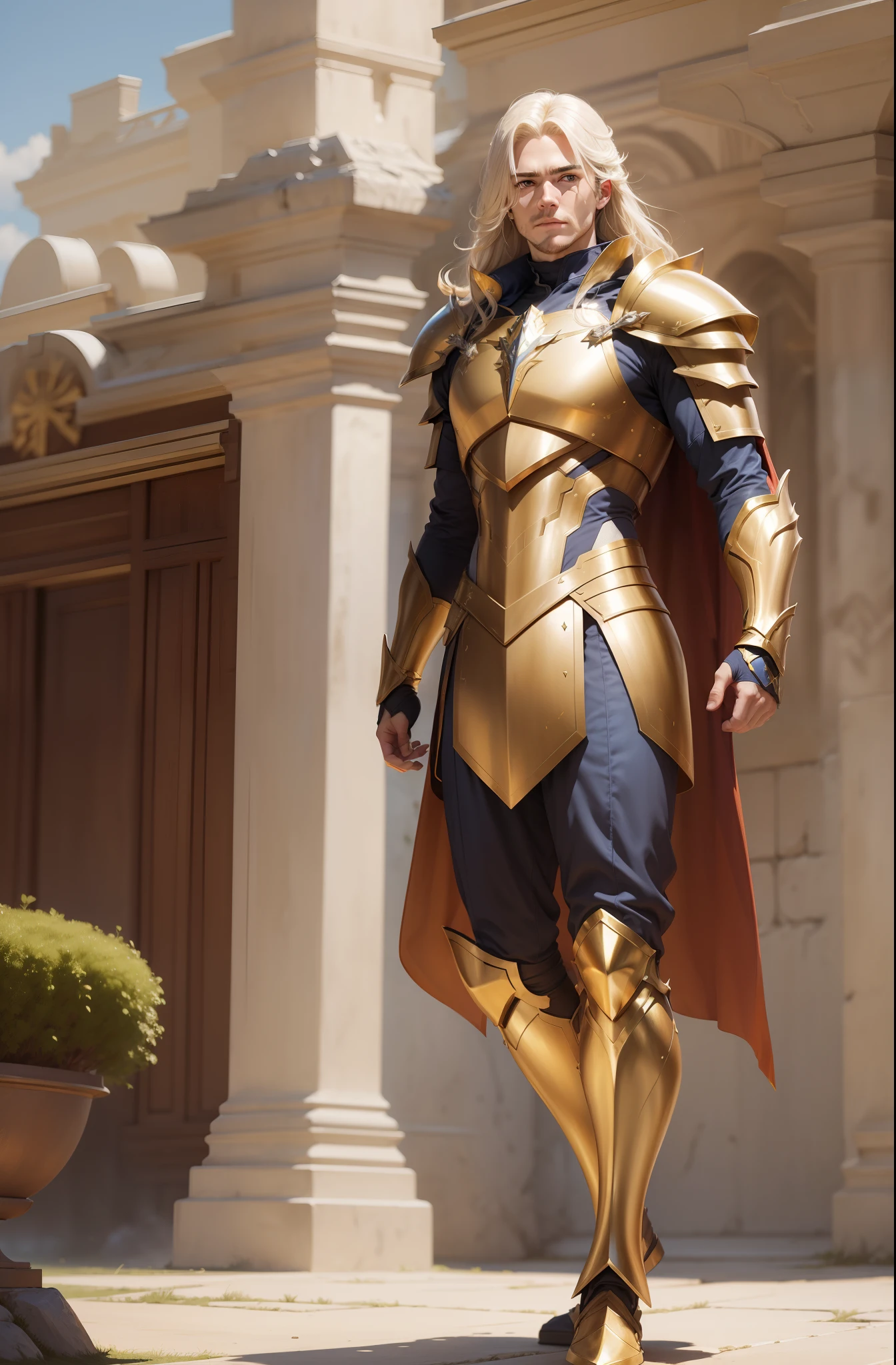 Man Fantasy Action Armor Golden Hair Full Body White Blue Rays Action Background Add Golden Armor Improve Add Hair Arrow White bow on the back