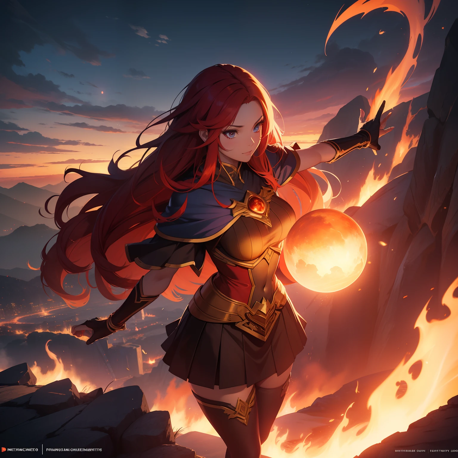 (masterpiece, best quality, photorealistic, cinematic), wide shot, full body, front view, from above, anime girl, red hair, standing on a mountain cliff with a glowing ball in her hands, perfect hands, nice hands, seaside, sunset, artgerm and atey ghailan, flames surround her, 2. 5 d cgi anime fantasy artwork, in the art style of mohrbacher, the sorceress casting a fireball, artgerm and rossdraws, wreathed in flame, rossdraws global illumination, fire spell