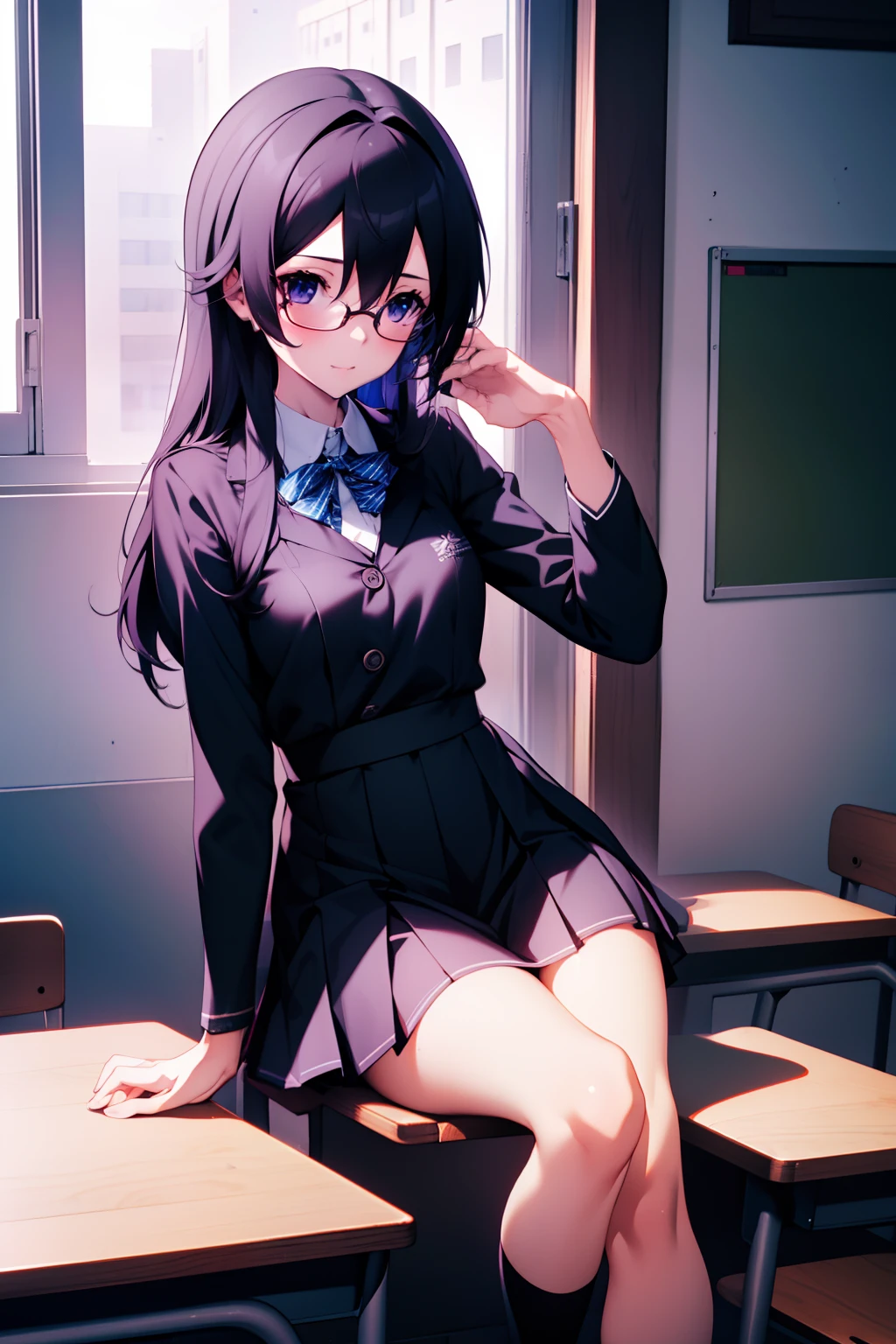 anime girl in a school uniform standing in a classroom, Beautiful Anime High School Girls, Anime moe art style, JK school uniform, Smooth anime CG art, Kantai collection style, seductive anime girls, Marin Kitagawa fanart, With glasses, attractive anime girls, Digital anime illustration, Best anime 4k konachan wallpaper, anime visual of a cute girl，Sexual turn，cabelos preto e longos，Purple eye
