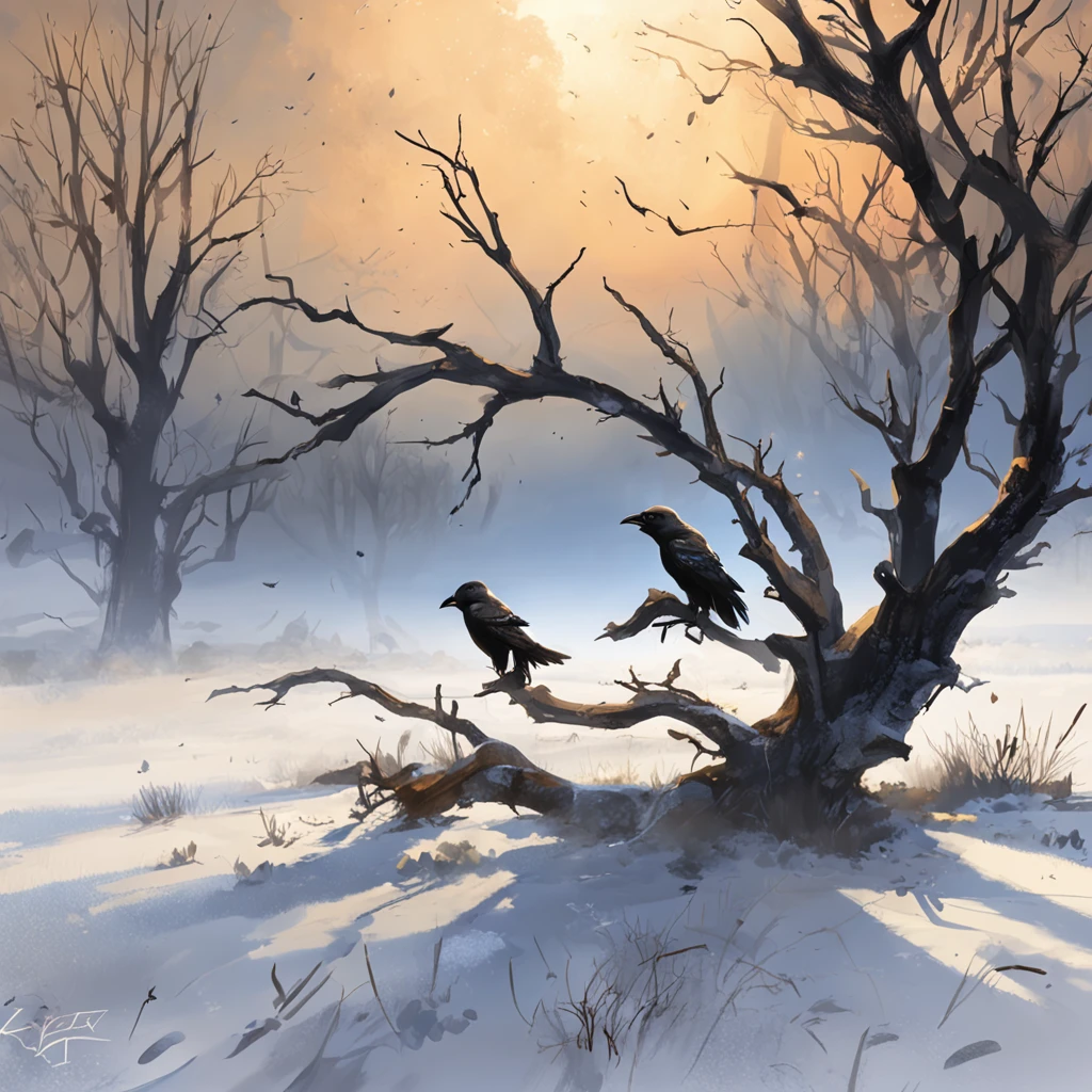 Two crows on a dead tree, A shadow shaped like a walker, Starry night, Thick fog on the ground, Blue light on the horizon, Unreal Engine 5, Cinematic, low angle photography, Motion blur, Depth of field, Dust, Cobblestones and dirt. Splash Art, dripping paint. Perfect color grading. Influenced by Karel Appel and Jeremy Mann, Full of dramatic and threatening scenes, Hyper-detailed, Beautiful, insanely details, Intricate details, editorial photography, shot with a 50mm lens, Depth of field, Tilt Blur, Shutter speed 1/1000, f/22. Lightmaps, Super bright