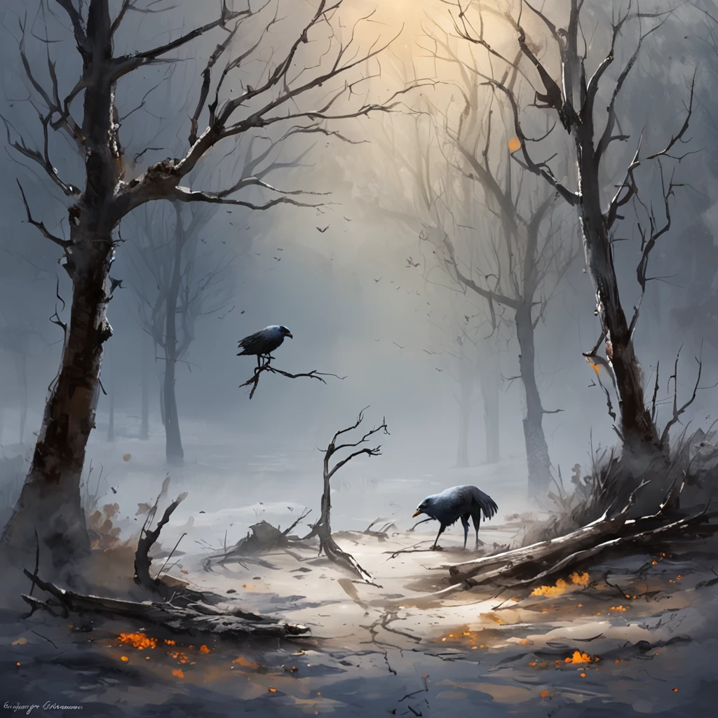 Two crows on a dead tree, A shadow shaped like a walker, Starry night, Thick fog on the ground, Blue light on the horizon, Unreal Engine 5, Cinematic, low angle photography, Motion blur, Depth of field, Dust, Cobblestones and dirt. Splash Art, dripping paint. Perfect color grading. Influenced by Karel Appel and Jeremy Mann, Full of dramatic and threatening scenes, Hyper-detailed, Beautiful, insanely details, Intricate details, editorial photography, shot with a 50mm lens, Depth of field, Tilt Blur, Shutter speed 1/1000, f/22. Lightmaps, Super bright