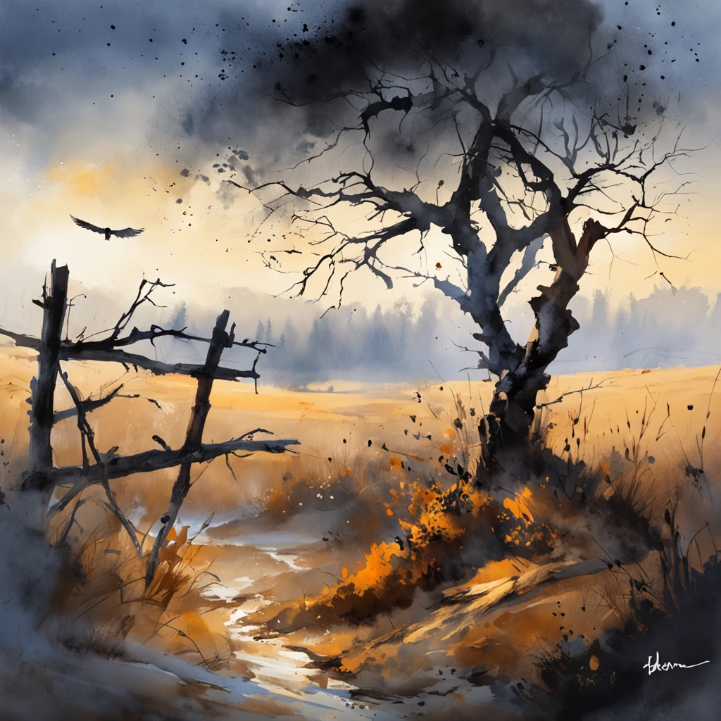 Two crows on a dead tree, A shadow shaped like a walker, Starry night, Thick fog on the ground, Blue light on the horizon, Unreal Engine 5, Cinematic, low angle photography, Motion blur, Depth of field, Dust, Cobblestones and dirt. Splash Art, dripping paint. Perfect color grading. Influenced by Karel Appel and Jeremy Mann, Full of dramatic and threatening scenes, Hyper-detailed, Beautiful, insanely details, Intricate details, editorial photography, shot with a 50mm lens, Depth of field, Tilt Blur, Shutter speed 1/1000, f/22. Lightmaps, Super bright