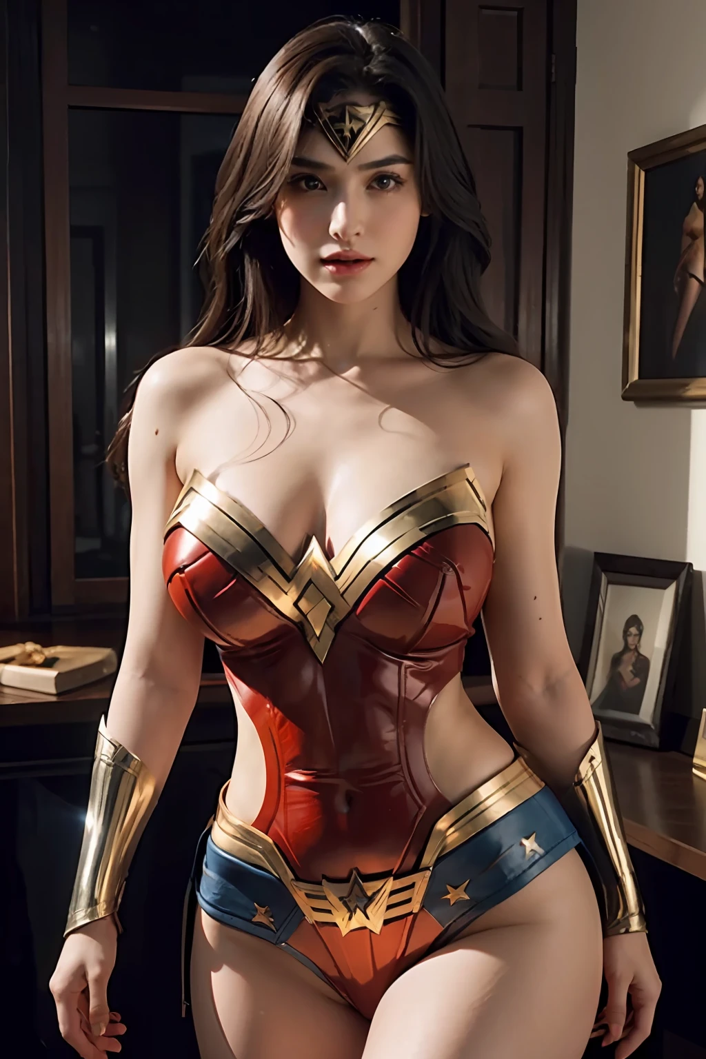 Beautiful hot woman detailed definition of body using Wonder Woman role-playing, big rounded breasts, big hot hips, 8k, realistic, masterpiece