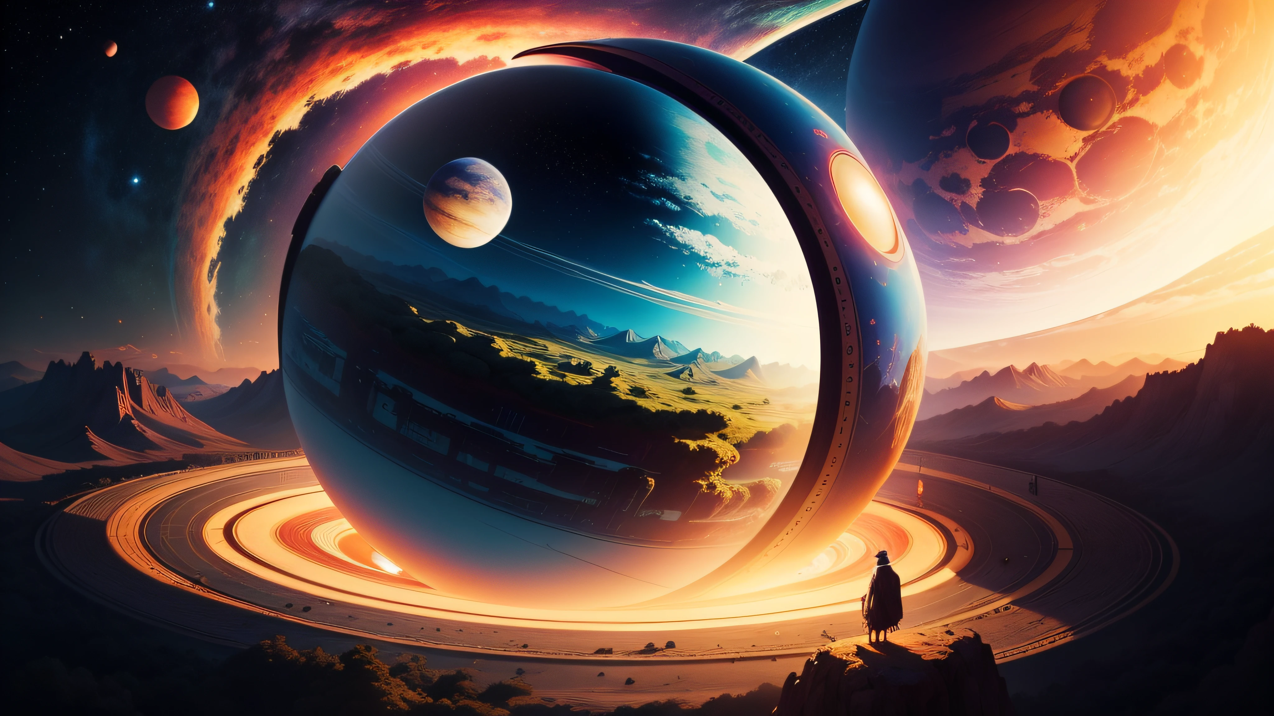Create an image with planets in unrealistic proportions and colors. Adicione um toque surrealista ao retratar planetas flutuantes em diferentes tamanhos e com paisagens imaginativas.
