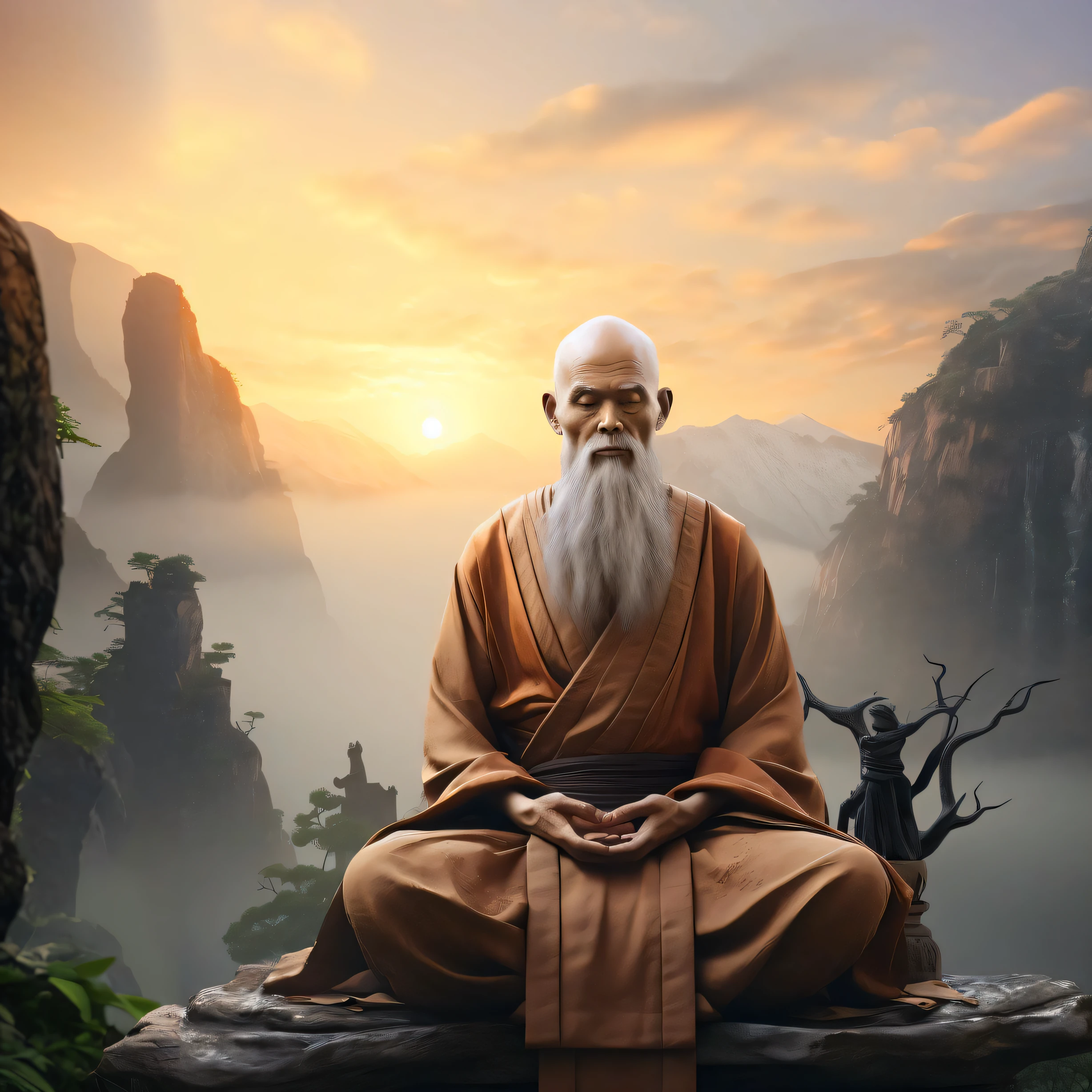 Image of a Chinese monk sitting on a rock with a man with a white beard, monk meditation, Zen meditation, Taoist master, Chinese monk, Taoism, Taoist, Daoism, floating in a powerful zen state, 2 1 st century monk, zen aesthetic, monk, Chinese monk, concept art of a monk,Facing the camera squarely,Wise eyes