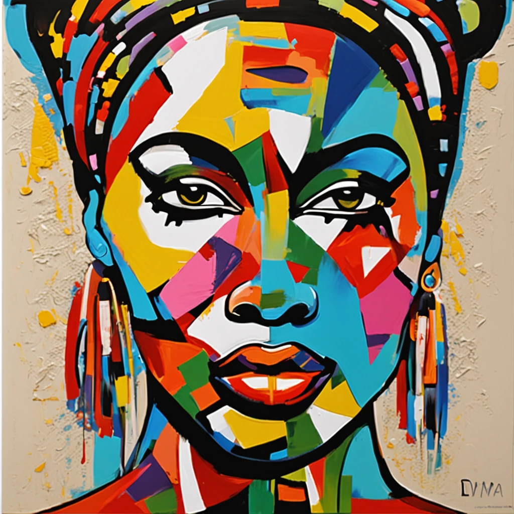 Pintura facial de uma mulher negra, African ethnic race, com um fundo colorido, face abstrata, retrato abstrato, rosto estilizado, Pintura Pop Art, Rosto detalhado altamente expressivo, face feminina expressiva, inspirado em Picasso, uma pintura pop art, pintura bonita expressiva, Detailed face of a woman from an African tribe Detailed expression, estilo picasso, estilo cubismo