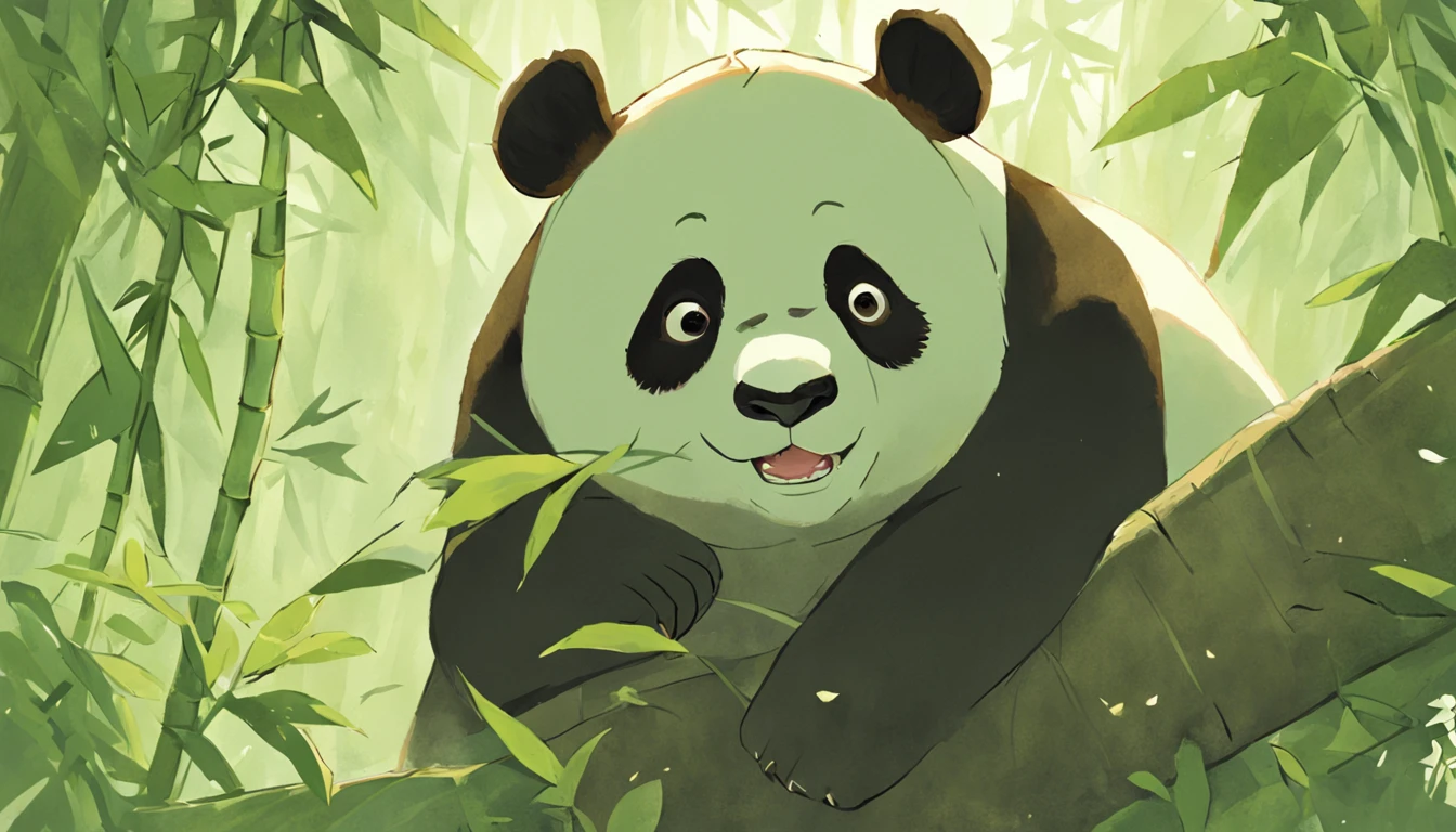 Panda bear sitting on a tree with leaves and branches, um panda gigante bonito, panda, pintura digital altamente detalhada, Panda bonito, por Yang J, pintura digital altamente detalhada, painting digital adorable, "Retrato de um animal de desenho animado, em uma floresta de bambu, Directed by: Liang Kai, arte digital detalhada bonito, por Ni Tian, Dia de Tian, pintura digital de alta qualidade, olhos perfeitos, olhos abertos, olhos castanhos, um pouco feliz, with a piece of bamboo in the mouth with a piece of leaf at the end of the bamboo,