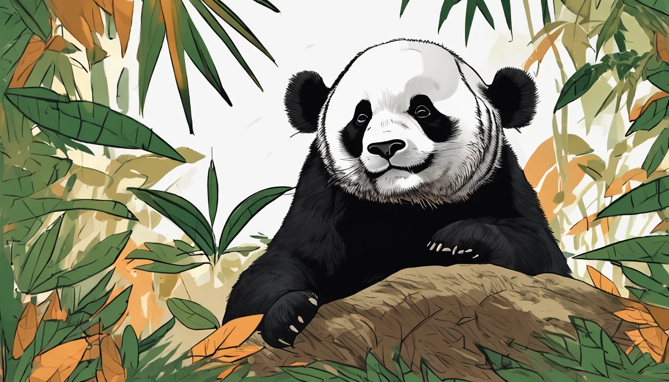 Panda bear sitting on a tree with leaves and branches, um panda gigante bonito, panda, pintura digital altamente detalhada, Panda bonito, por Yang J, pintura digital altamente detalhada, painting digital adorable, "Retrato de um animal de desenho animado, em uma floresta de bambu, Directed by: Liang Kai, arte digital detalhada bonito, por Ni Tian, Dia de Tian, pintura digital de alta qualidade, olhos perfeitos, olhos abertos, olhos castanhos, um pouco feliz, with a piece of bamboo in the mouth with a piece of leaf at the end of the bamboo,
