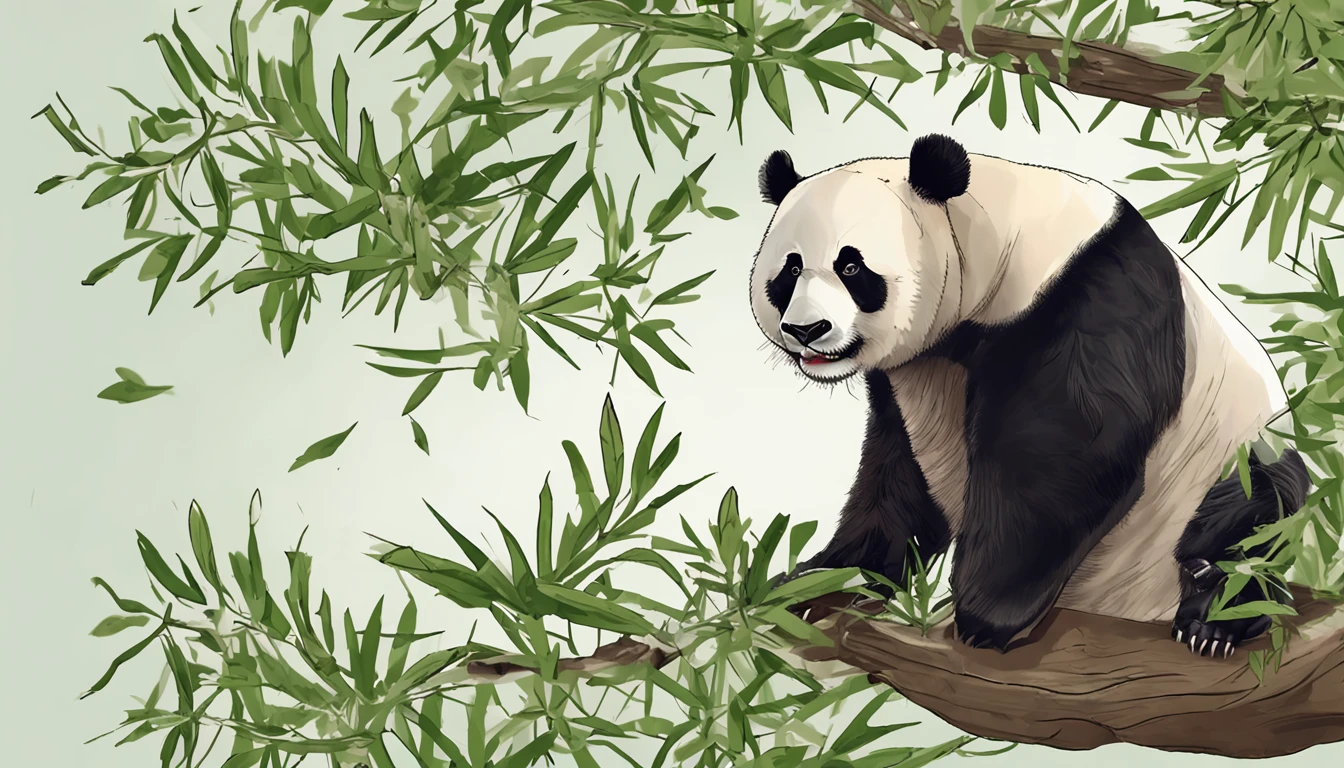 Panda bear sitting on a tree with leaves and branches, um panda gigante bonito, panda, pintura digital altamente detalhada, Panda bonito, por Yang J, pintura digital altamente detalhada, painting digital adorable, "Retrato de um animal de desenho animado, em uma floresta de bambu, Directed by: Liang Kai, arte digital detalhada bonito, por Ni Tian, Dia de Tian, pintura digital de alta qualidade, olhos perfeitos, olhos abertos, olhos castanhos, um pouco feliz, with a piece of bamboo in the mouth with a piece of leaf at the end of the bamboo,
