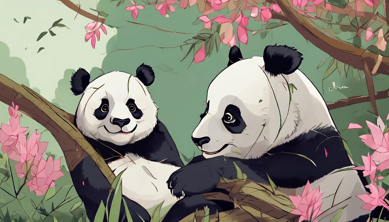 Panda bear sitting on a tree with leaves and branches, um panda gigante bonito, panda, pintura digital altamente detalhada, Panda bonito, por Yang J, pintura digital altamente detalhada, painting digital adorable, "Retrato de um animal de desenho animado, em uma floresta de bambu, Directed by: Liang Kai, arte digital detalhada bonito, por Ni Tian, Dia de Tian, pintura digital de alta qualidade, olhos perfeitos, olhos abertos, olhos castanhos, um pouco feliz, with a piece of bamboo in the mouth with a piece of leaf at the end of the bamboo,