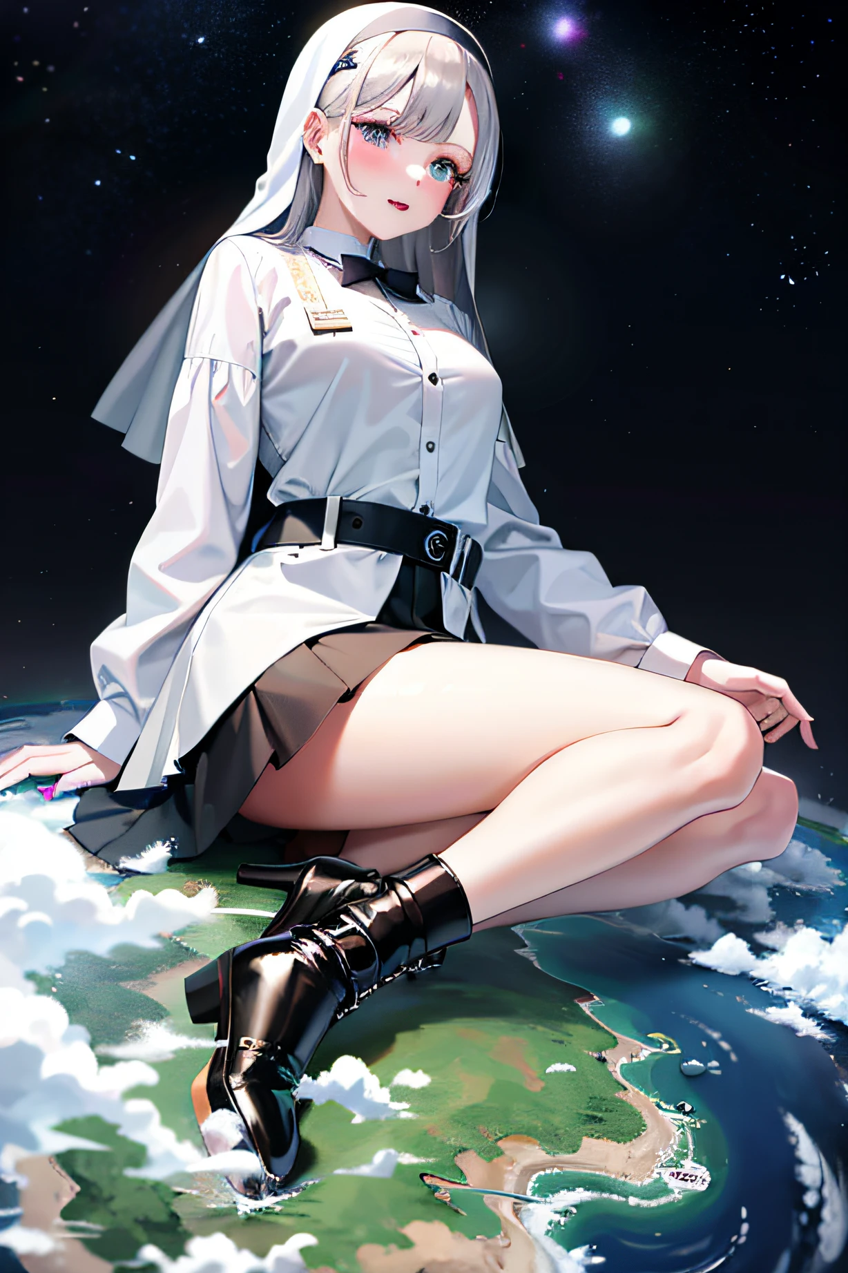 best quality, ultra high res, 1girl, lab coat, white button shirt, black stocking, black skirt, nun, black veil, heterochromia, hairpin, silver hair, cute, (Kpop idol), (aegyo sal:0), (platinum blonde hair:1), ((puffy eyes)), looking at viewer, full body, facing side, elegant, galaxy, blue sky, sword