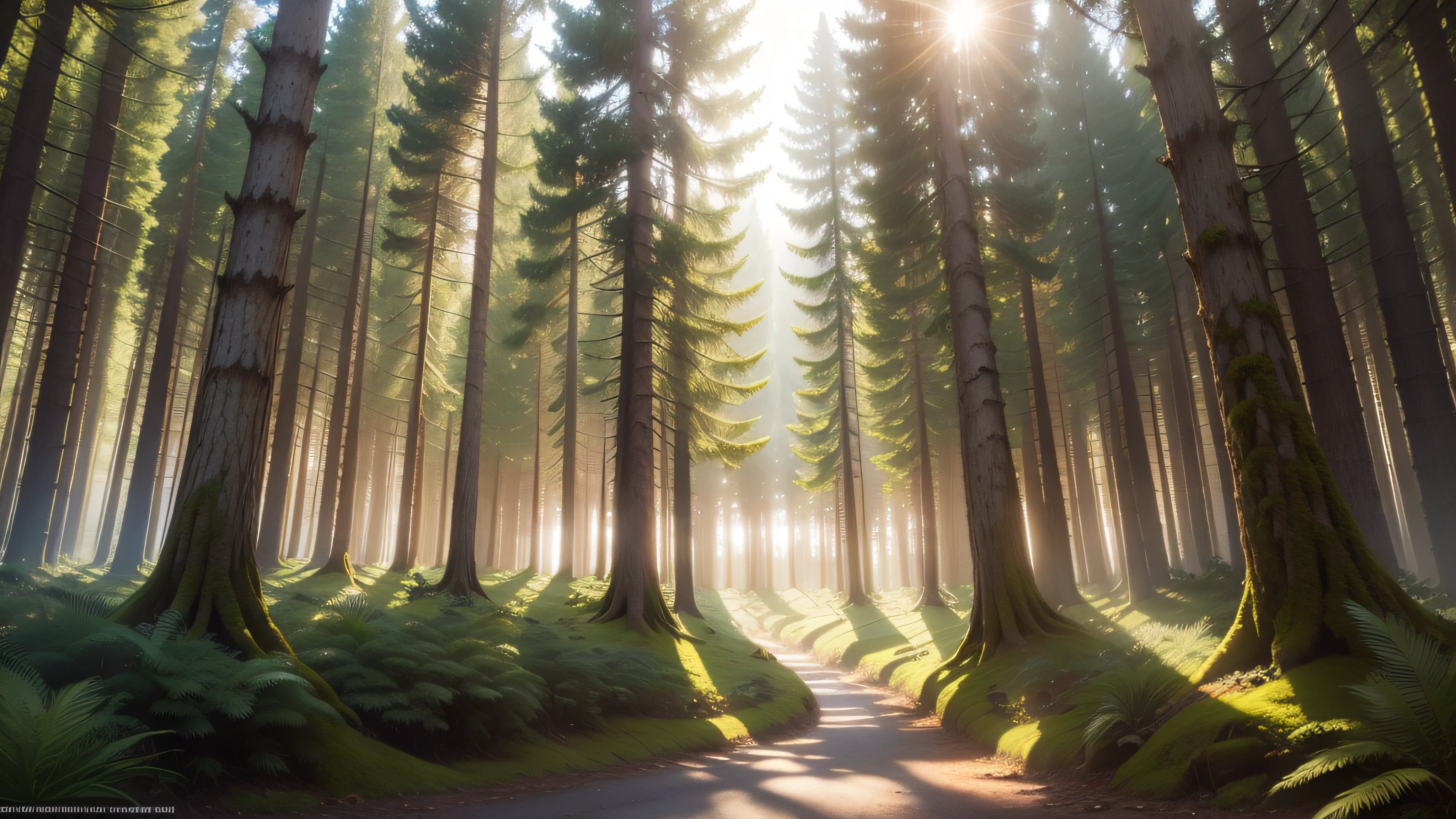 ultra-sharp, ultra-detailed forest with sun shinning on it