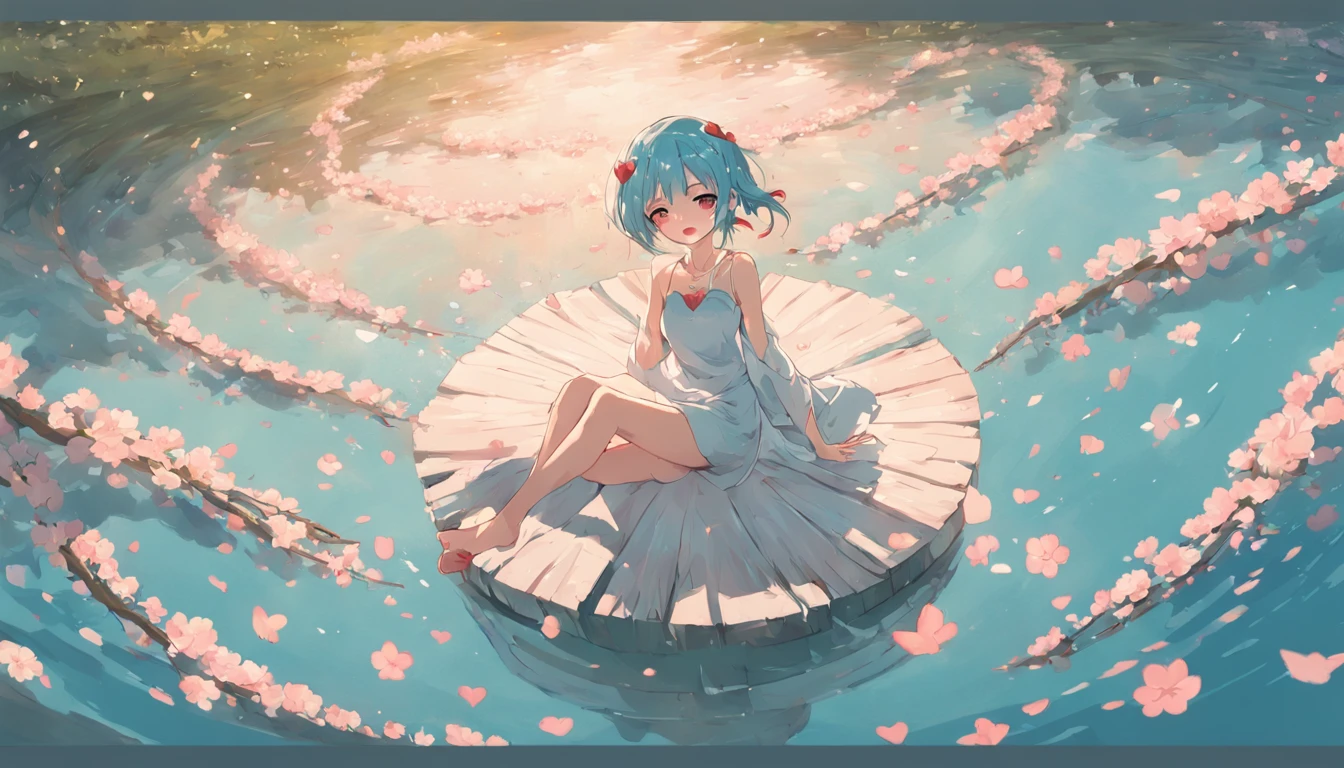 anime girl surrounded by a spiral of cherry blossoms, ((blue hair, long sleeveless white dress, barefoot)), ((platform: a single rock in the middle of a lake)),surprised face, 4k, 2D, ((anime style)), ((perfect face)), perfect position, sunset, ((position: seated)), effect of small red hearts, 1girl, ((perfet eyes)), ((perfect mouth))
