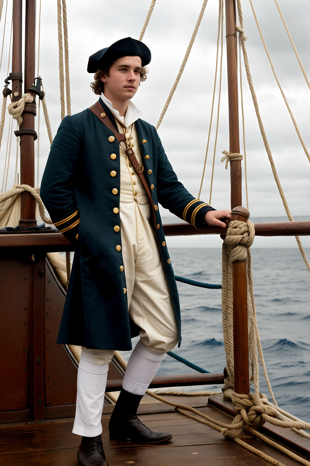a young British Sailor in the 17th Century on deck of a sailing ship, picture the scene like a Wes Anderson movie, reailistic,
