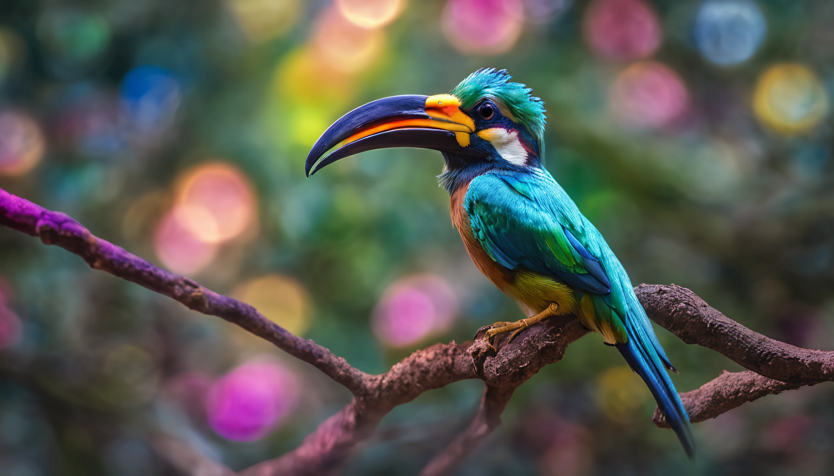criatura de fantasia, photo-realistic representation, Majestic bird, plumagem intrincada, penas iridescentes, Mythical charm, close-up view, Dramatic angle, ethereal atmosphere, painterly style, perched on a mystical branch, fundo encantado da floresta, Luz Suave Difusa, cores vibrantes, magical ambiance, Lente 100mm, Nikon Z7 |, Ampla abertura, Aprimoramento HDR, 4k resolution, inspirado no folclore, visualmente cativante, maravilha encantadora.