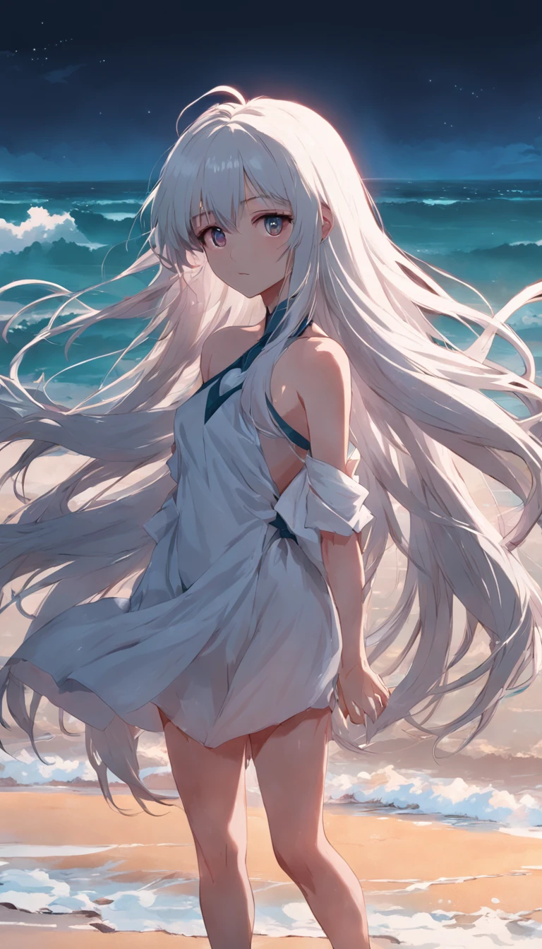 Beach,Look up,long white hair,Dark
