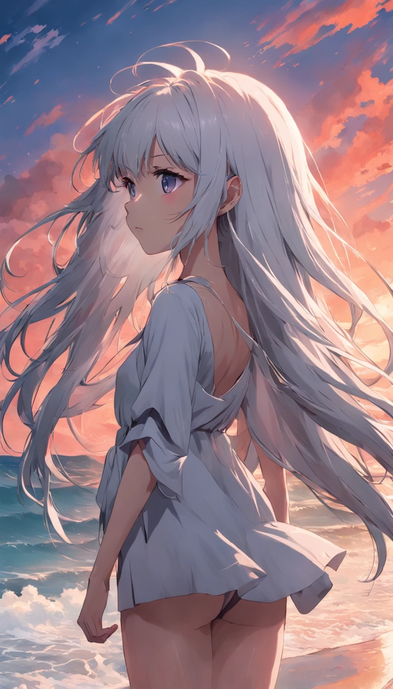 Beach,Look up,long white hair,Dark