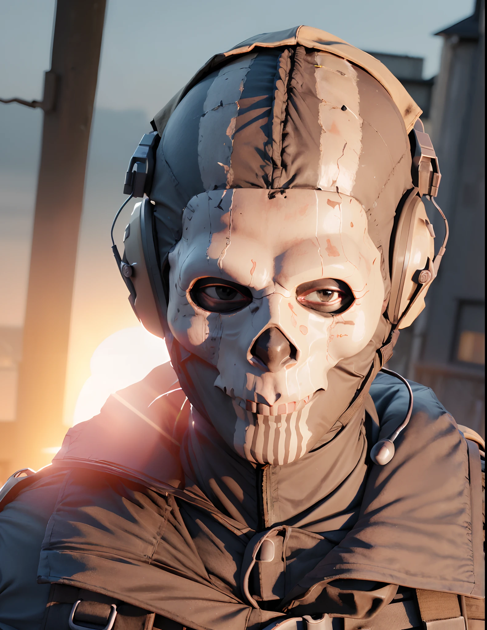 ghostmask, men in mask, mask, mask covering face, only eyes apearing, military, sunset lighting, Best Quality, HDR, Strong HDR, Defined Shadows, Sharp Focus, FXAA, TXAA, Ray Tracing, Photorealistic