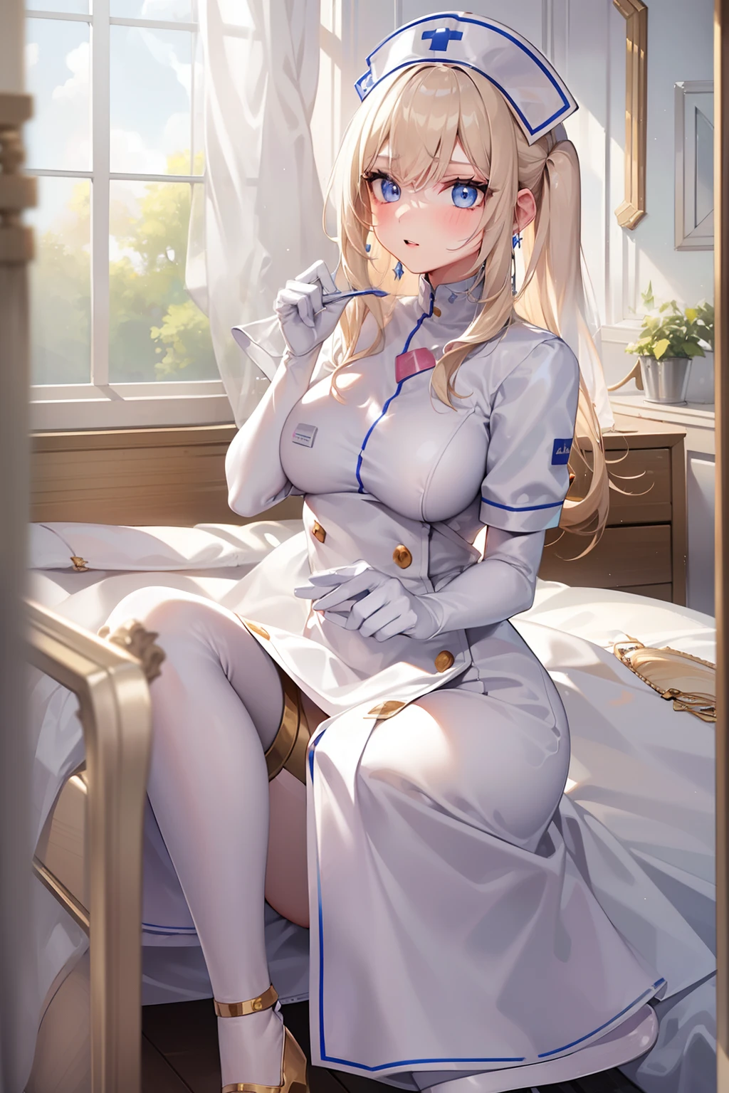 1girl, (solo:1.2), (cowboy shot:1.2), (Beautiful and detailed eyes description), (Beautiful and detailed face), Perfect female body, neat figure, slender waist, (young girl), (20 years old), long hair, platinum blonde hair, very big eyes, blue eyes, medium breasts, blush, shy, watery lips, nurse, (transparent nurse dress), nurse cap, unbuttoned, (white gloves:1.2), (white pantyhose), high heels, necklace, earrings, indoors, school nurse, hospital bed, window, white curtains, sunlight, squatting, (best quality), (ultra detailed), (masterpiece), (highres), (original), (extremely detailed CG unity 8K wallpaper), character design, game cg, detailed manga illustration，(NSFW 1.1)