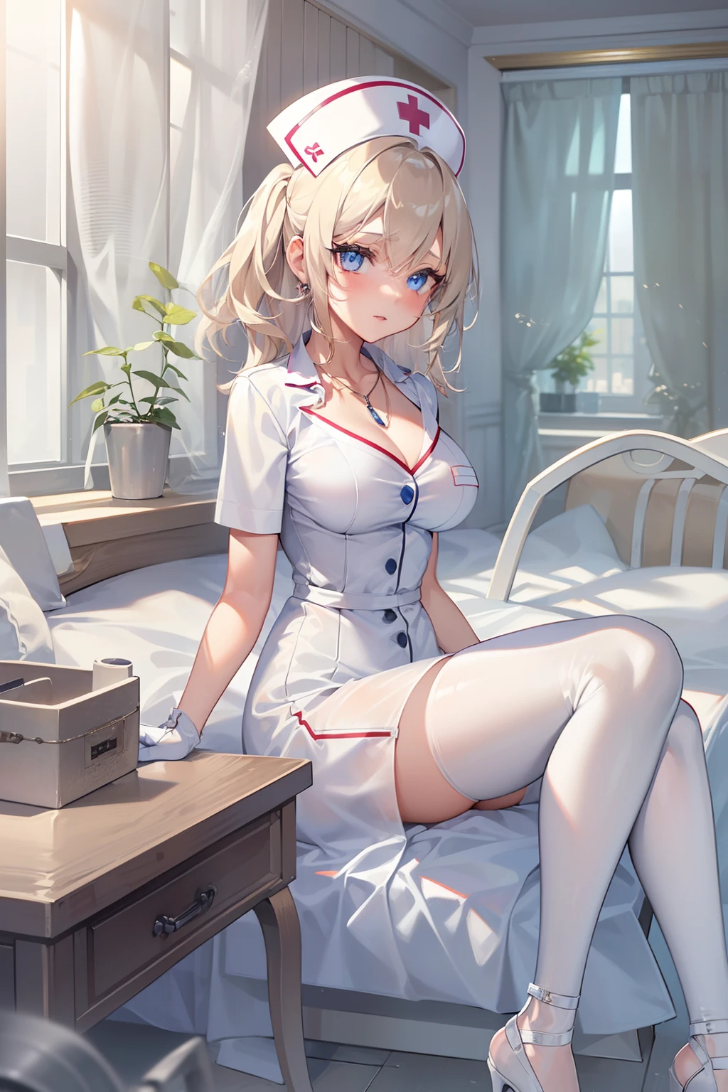 1girl, (solo:1.2), (cowboy shot:1.2), (Beautiful and detailed eyes description), (Beautiful and detailed face), Perfect female body, neat figure, slender waist, (young girl), (20 years old), long hair, platinum blonde hair, very big eyes, blue eyes, medium breasts, blush, shy, watery lips, nurse, (transparent nurse dress), nurse cap, unbuttoned, (white gloves:1.2), (white pantyhose), high heels, necklace, earrings, indoors, school nurse, hospital bed, window, white curtains, sunlight, squatting, (best quality), (ultra detailed), (masterpiece), (highres), (original), (extremely detailed CG unity 8K wallpaper), character design, game cg, detailed manga illustration,(NSFW 1.1)