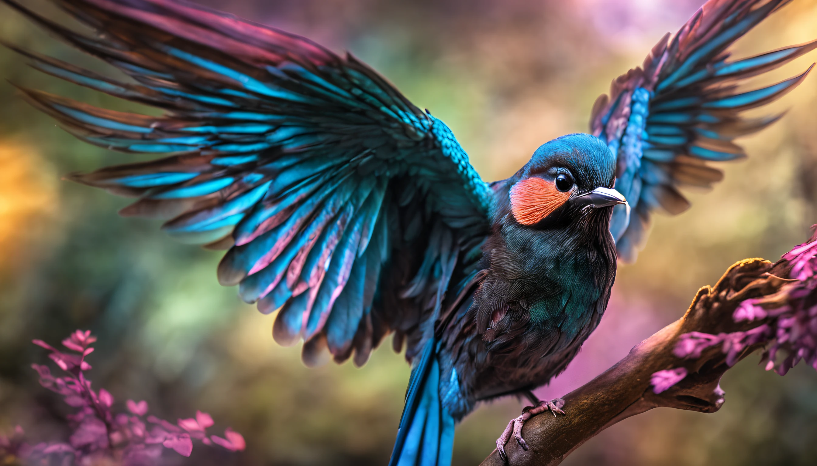 criatura de fantasia, photo-realistic representation, Majestic bird, plumagem intrincada, penas iridescentes, Mythical charm, close-up view, Dramatic angle, ethereal atmosphere, painterly style, perched on a mystical branch, fundo encantado da floresta, Luz Suave Difusa, cores vibrantes, magical ambiance, Lente 100mm, Nikon Z7 |, Ampla abertura, Aprimoramento HDR, 4k resolution, inspirado no folclore, visualmente cativante, maravilha encantadora.
