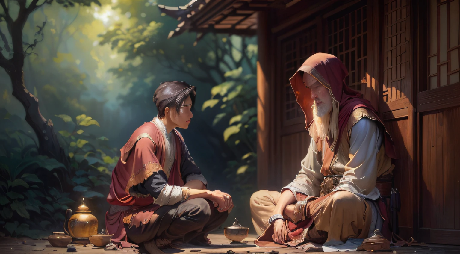 There is a man and a wise old monk sitting on the ground, Ross Tran e Michael Whelan, Edgar Maxence e Ross Tran, wlop e ross tran, Ross Tran e Bayard Wu, James Gurney e Andreas Rocha, rob rey and kentarõ miura, Art not Guweiz style, arte do jogo de RPG